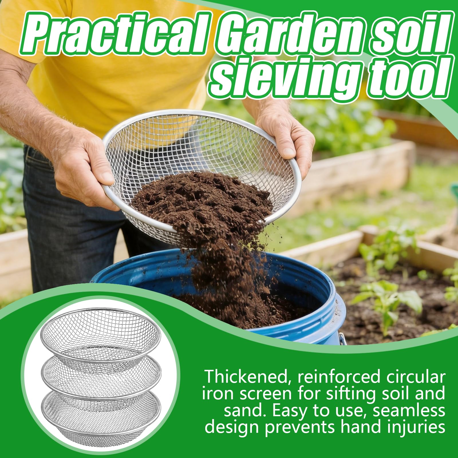 Tamiz De Jardín Para Tierra, 3PCS 30cm Tamiz Redondo Robusto De Acero Inoxidable Tamiz Para Plantar Con Orificios De 3 6 Y 10 mm Para Compost Piedras Tierra Arena Semillas Malas Hierbas Y Grava
