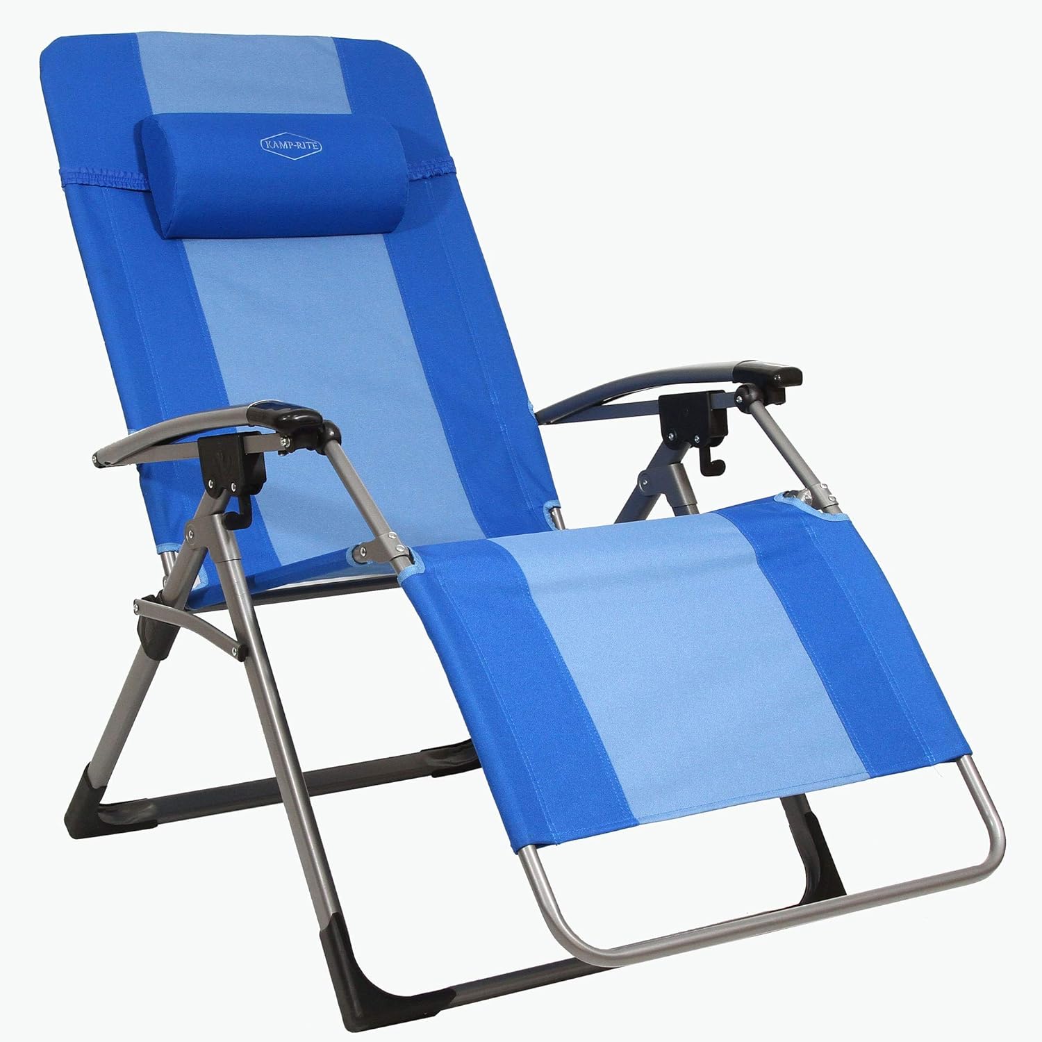 Kamp-Rite Outdoor Folding Reclining Zero Gravity Beach Lawn Chair w/Headrest Pillow, for Camping, Tailgating, & Sports, 300 LB Capacity, 2-Tone Blue