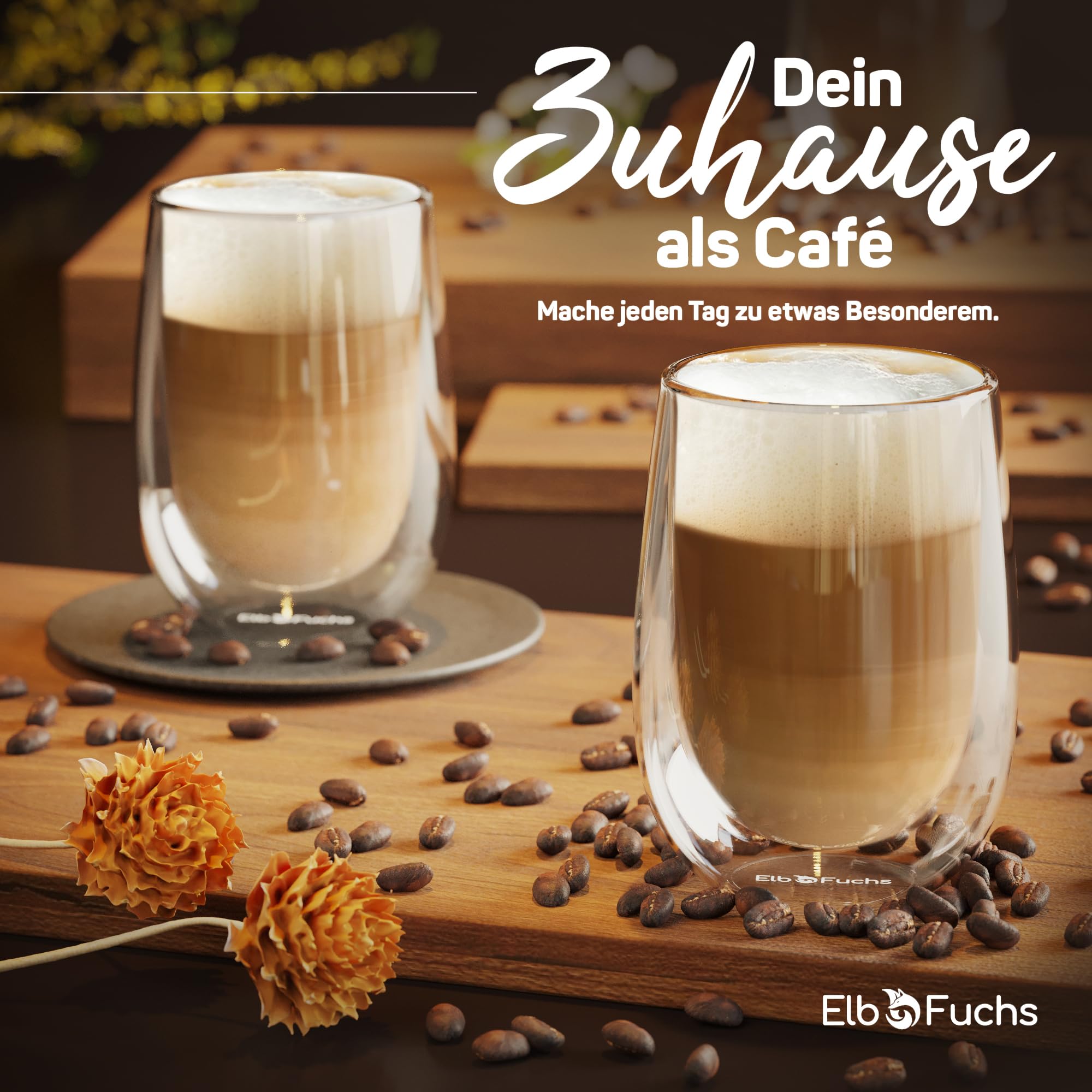 ElbFuchs® Doppelwandige Latte Macchiato Gläser Set [4x 350ml in GASTRO-QUALITÄT] Kristallklare Thermogläser doppelwandig | Ideal als Cappuccino Gläser | Kaffeegläser | Teegläser