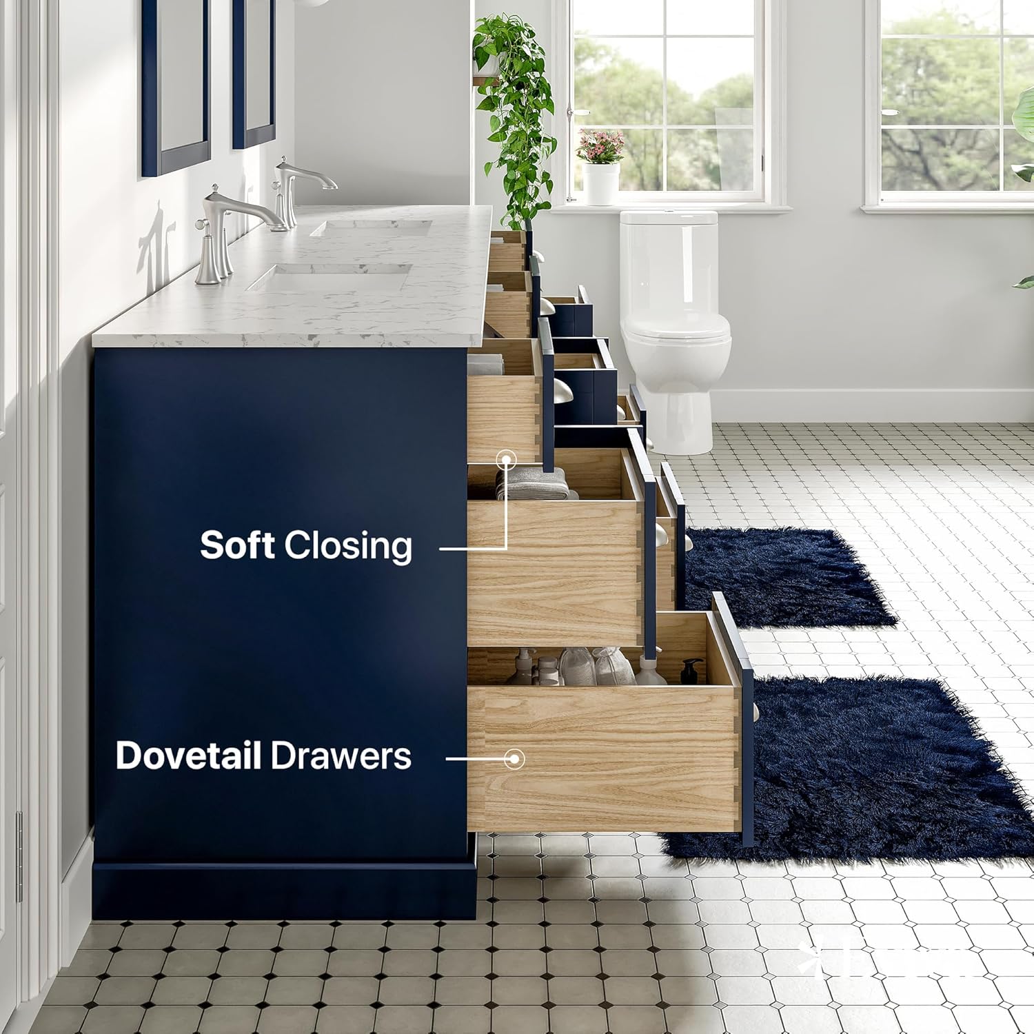 Eviva Epic 96 in. Blue Double Sink Bathroom Vanity with White Carrara Quartz Countertop