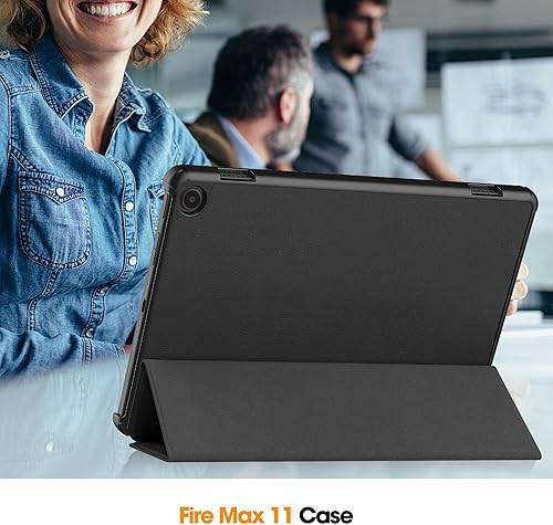 Miniatura 9 de Funda tipo folio con tapa para tablet Fire Max 11, ajuste delgado, de piel sintética de alta calidad, parte trasera dura, con función de apagado y