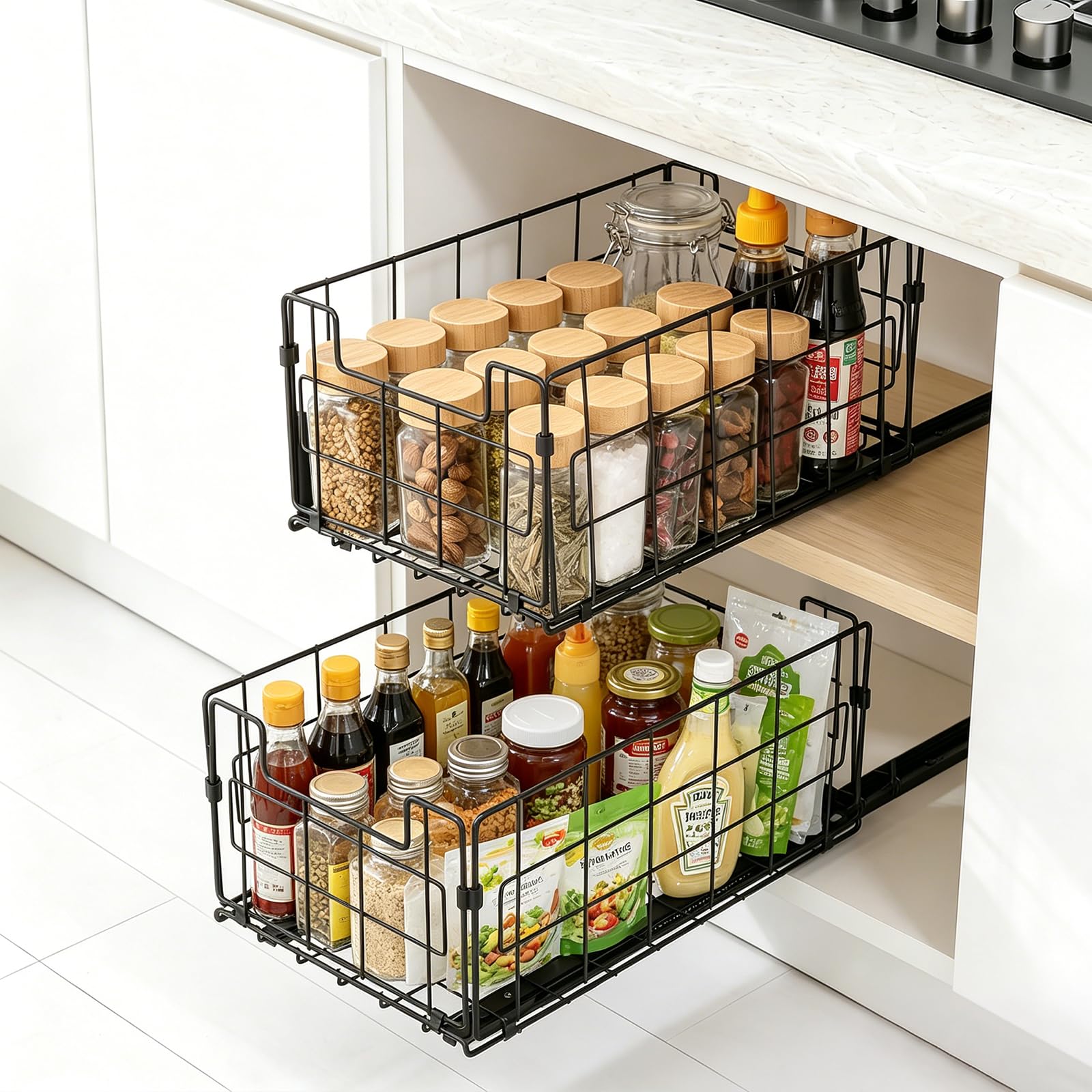 VINATO Pack of 2 Telescopic Drawers, Extendable Drawers & Cupboard Organiser for Kitchen, Base Cabinet, Bathroom, Drawer Shelves Push Out, No Drilling and Nailing, 35 x 21.5 x 16 cm