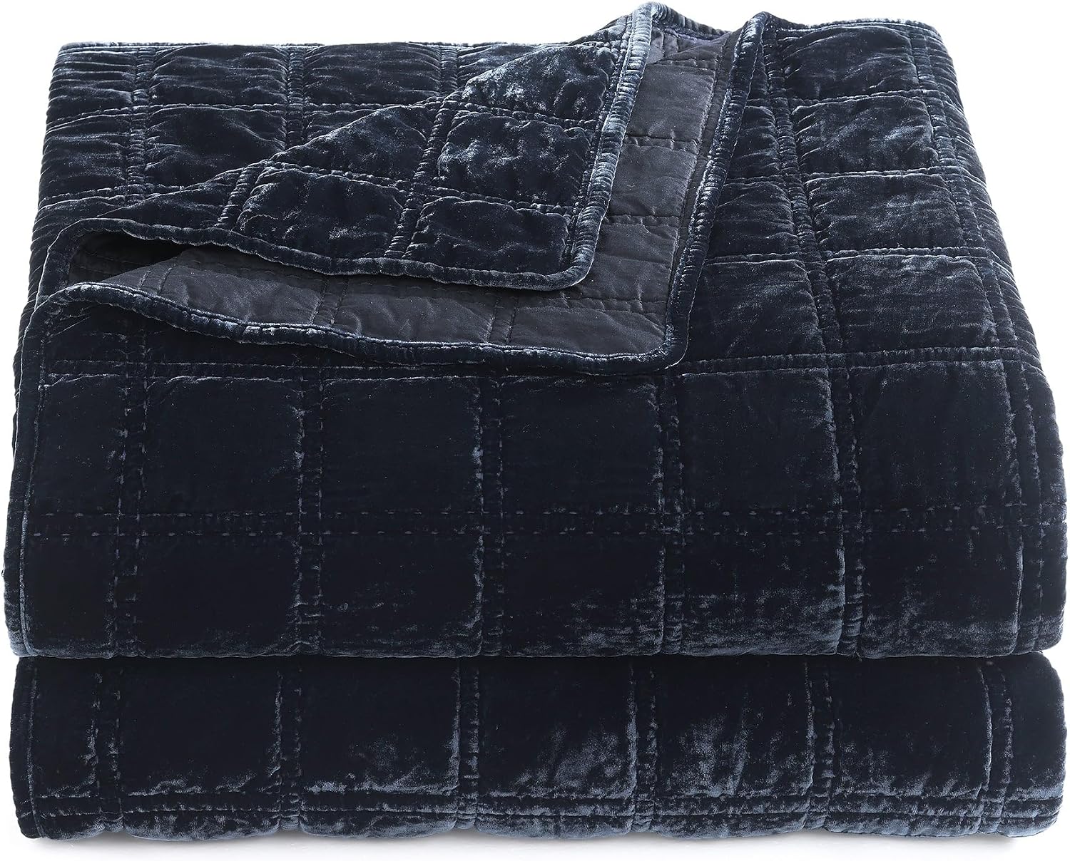HiEnd Accent Stella Faux Silk Velvet Double Box Stitch 3 Piece Quilt Set, King Size, Midnight Blue Solid Color, Classic Chic Modern Rustic Elegant Bedding Set, Lightweight Bed Set