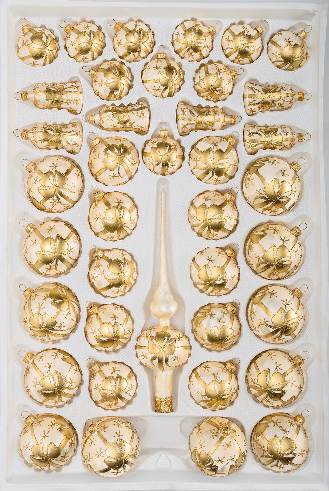T 39 TLG. Glas-Weihnachtskugeln Set in Ice Champagner Goldene Schleife- Christbaumkugeln - Weihnachtsschmuck-Christbaumschmuck