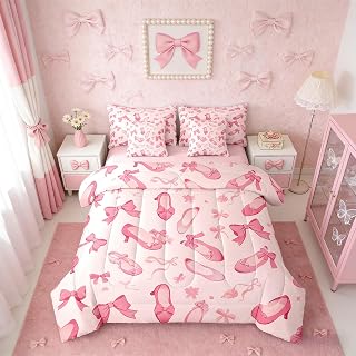 Erosebridal Girls Pink Bow Ballet Shoes Full Comforter Set 7 Pieces | Bowknot Ribbon Bed in A Bag for Bedroom Vintage Coquette Bedding Set with Comforters Women Kids Aesthetic Room Decor