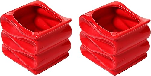 MyGift Maceta pequeña de cerámica roja de 4 pulgadas mini maceteros decorativos modernos con diseño de cinta de caramelo juego de 2