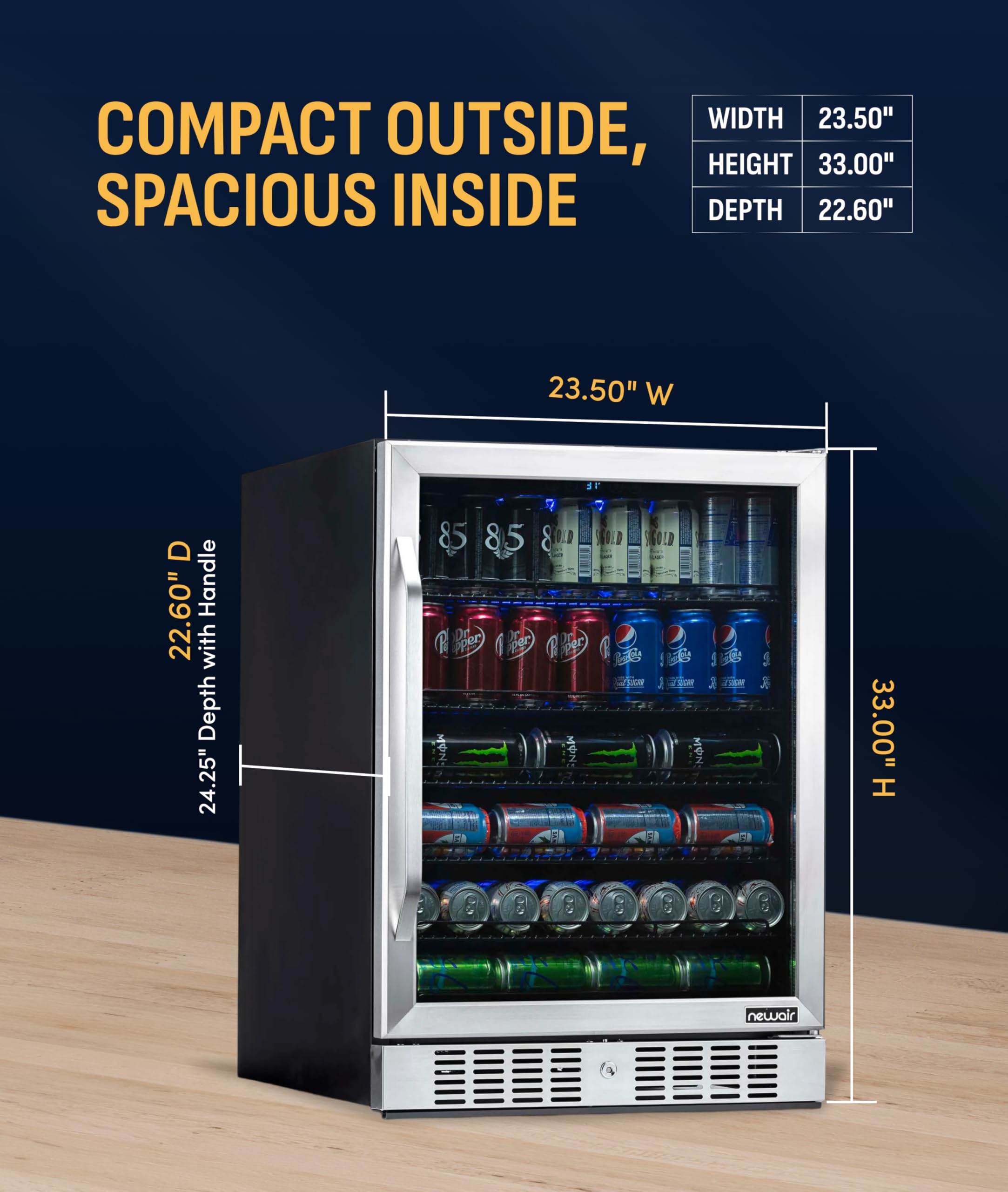 NewAir Beverage Refrigerator With Glass Door | 177 Can Mini Fridge For Bedroom, Dorm, Office, Or Gaming Setup | Soda, Beer, And Wine Cooler | Stainless Steel on Fridge.com - View 4