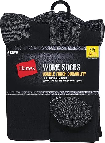 Hanes Men's Work Socks, Cushioned Crew Socks, Moisture-wicking Socks & Odor Control, Black & White, 6 & 12 Pack Available