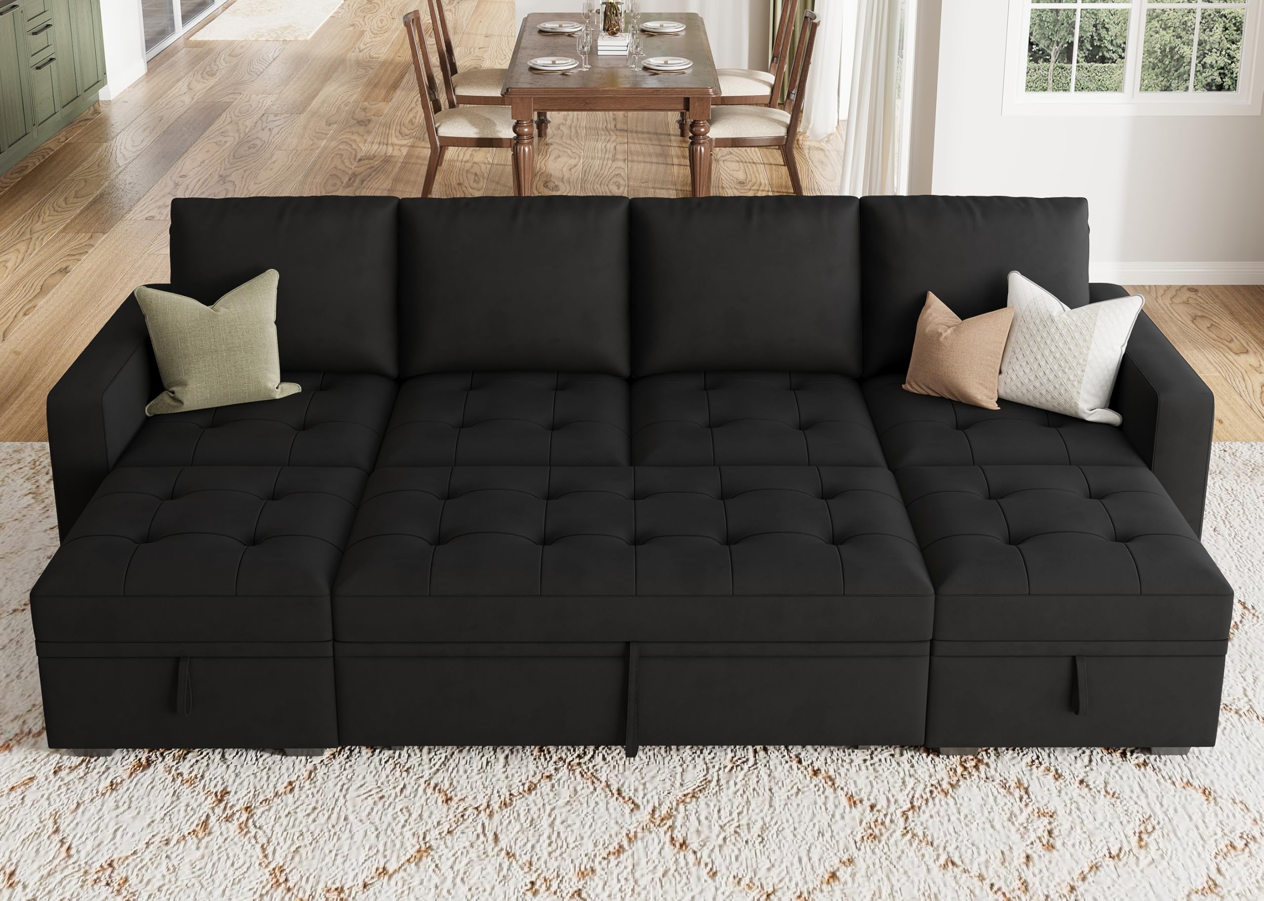 HONBAY Modular Sectional Sleeper Sofa with Pull Out Bed, Velvet Convertible L Shaped Couch with Storage Seat, Sectional Couches for Living Room, Black