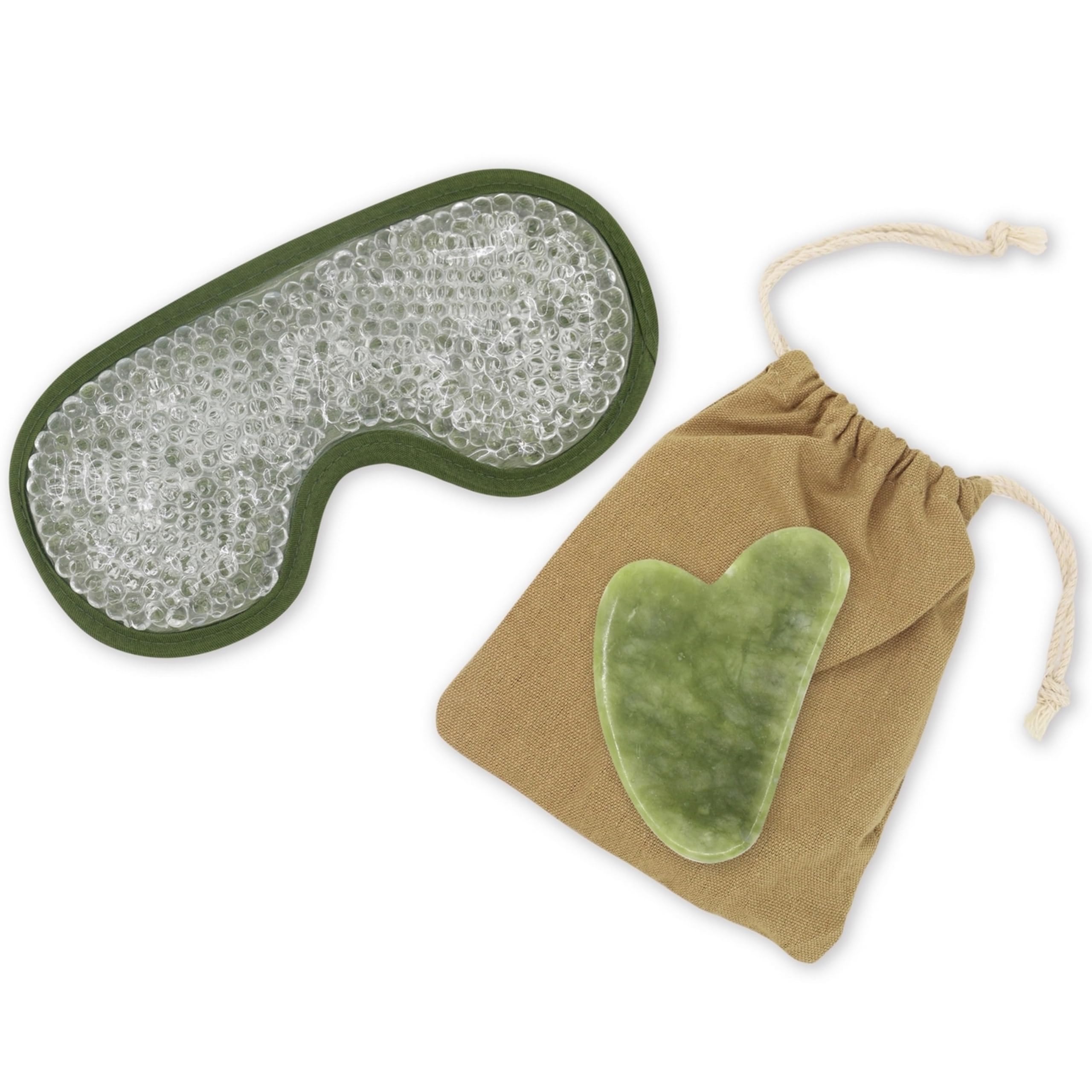Sun & Sia - Kit Masque Yeux Chaud/​Froid et Gua Sha en Pierre Naturelle Jade Vert (+​Housse) - Rafraîchit le Teint, Traite les Poches et Cernes, Stimule la Circulation - Effet Anti-​Âge et Peau + Ferme