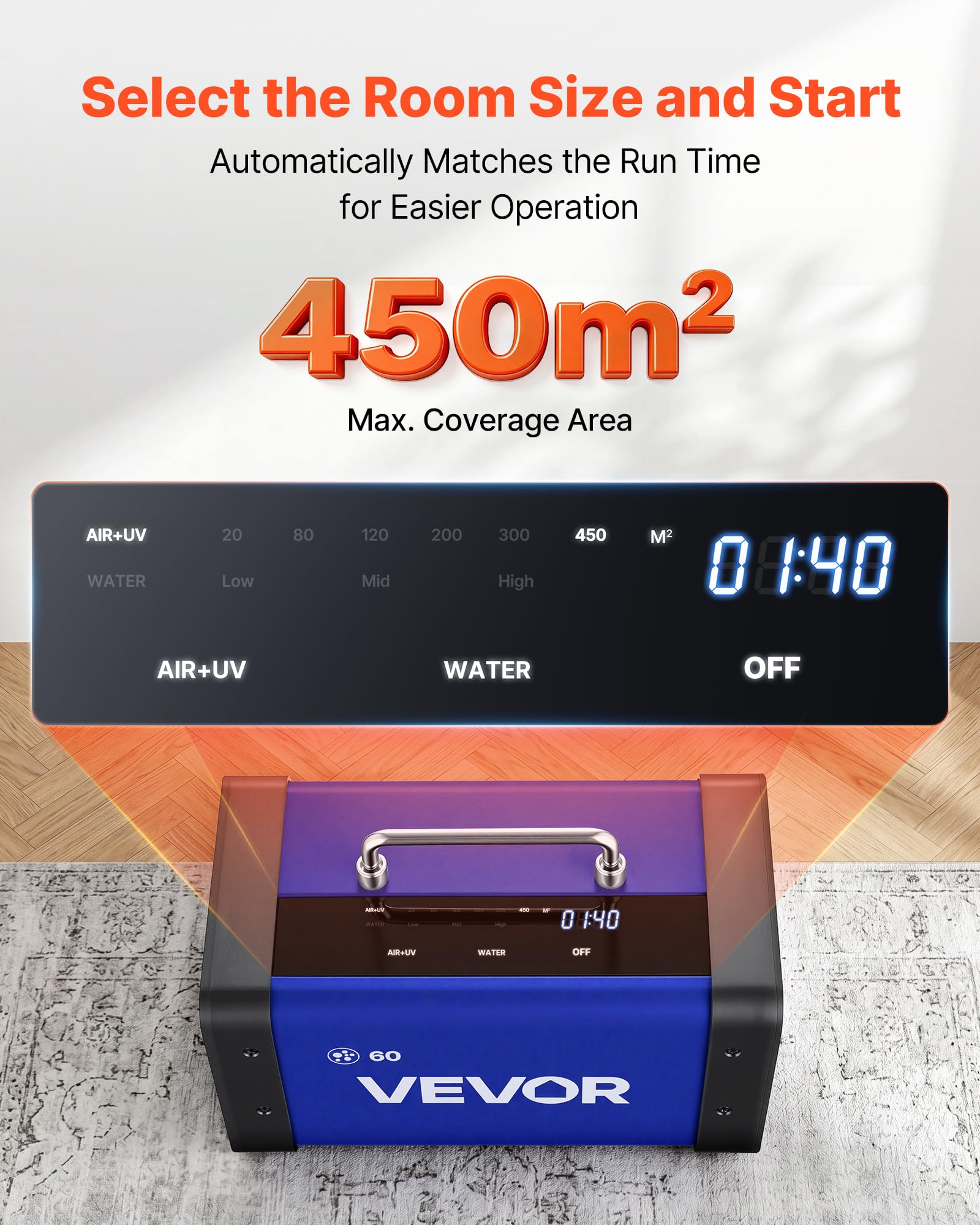 VEVOR Generatore di Ozono Professionale 60000 mg/h, Ozonizzatore Commerciale con Avvio Ritardato di 15 s, Modalità Acqua con Doppio Tubo, Touchscreen LCD, per Auto, Animali Domestici, Fino a 450 m²