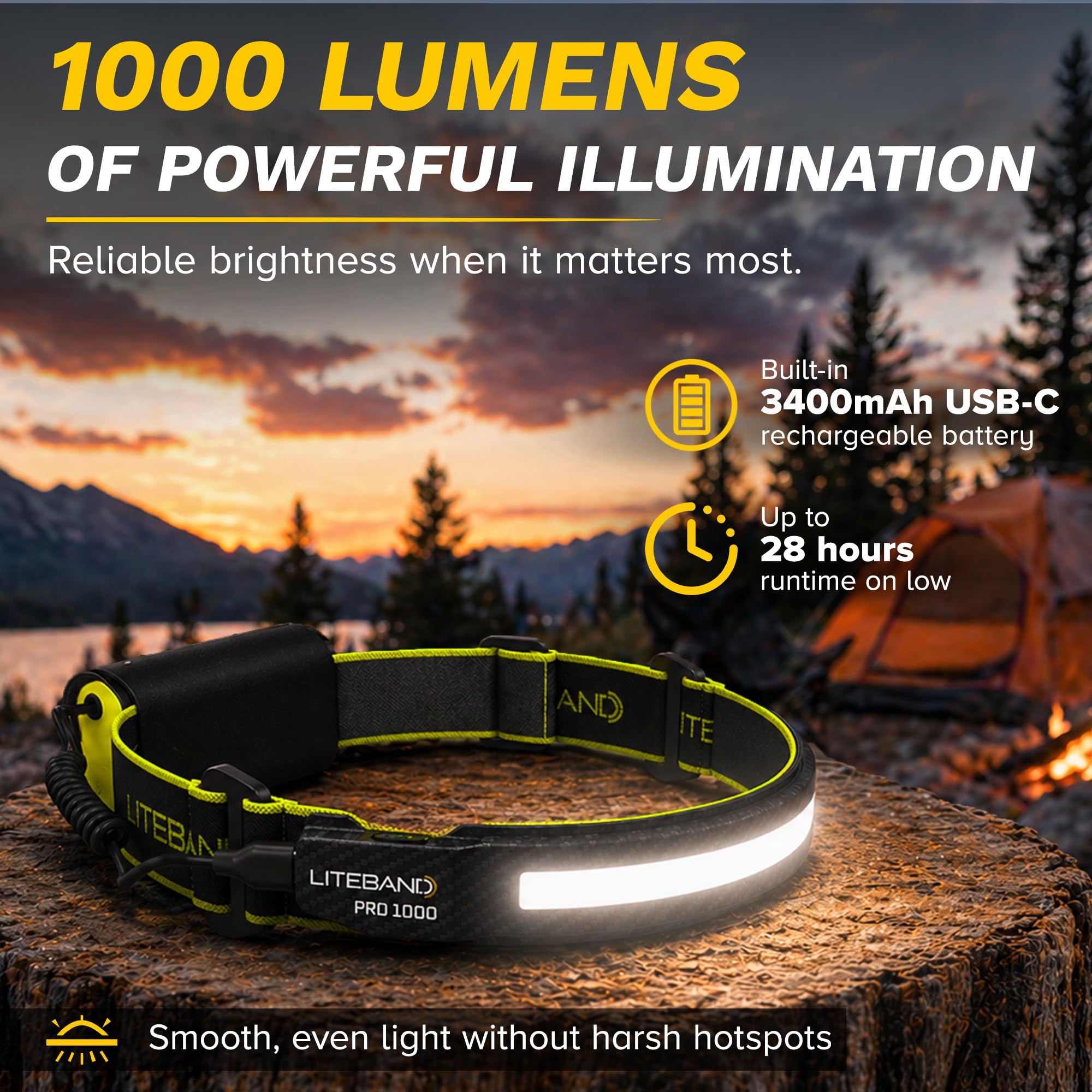 Liteband PRO - Linterna frontal LED de 1000 lúmenes, súper brillante, funciona con pilas, recargables, para camping, correr, casco duro, linterna de frente manos libres, color carbono