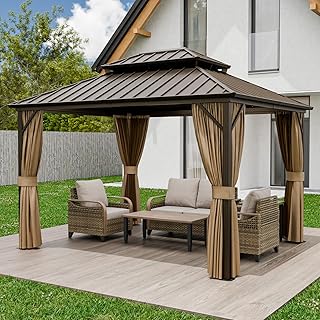 EAGLE PEAK 12x10 Hardtop Gazebo, Galvanized Steel Double Roof with Aluminum Frame, Outdoor Pavilion with Netting and Curtains for Patio, Deck, Lawn and Garden, Dark Brown/Tan