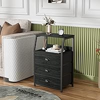Vista 2 de Furnulem - Mesita de noche negra, cómoda pequeña para dormitorio, con 3 cajones de almacenamiento de tela y estante de 2 niveles, mueble lateral