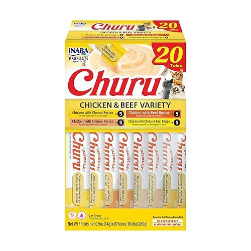 INABA Churu Cat Treats, Grain-Free, Lickable, Squeezable Creamy Purée Cat Treat/Topper with Vitamin E & Taurine, 0.5 Ounces Each Tube, 20 Tubes, Chicken & Beef Variety Box - Chicken & Beef Variety - 0.5 Ounce (Pack of 20)