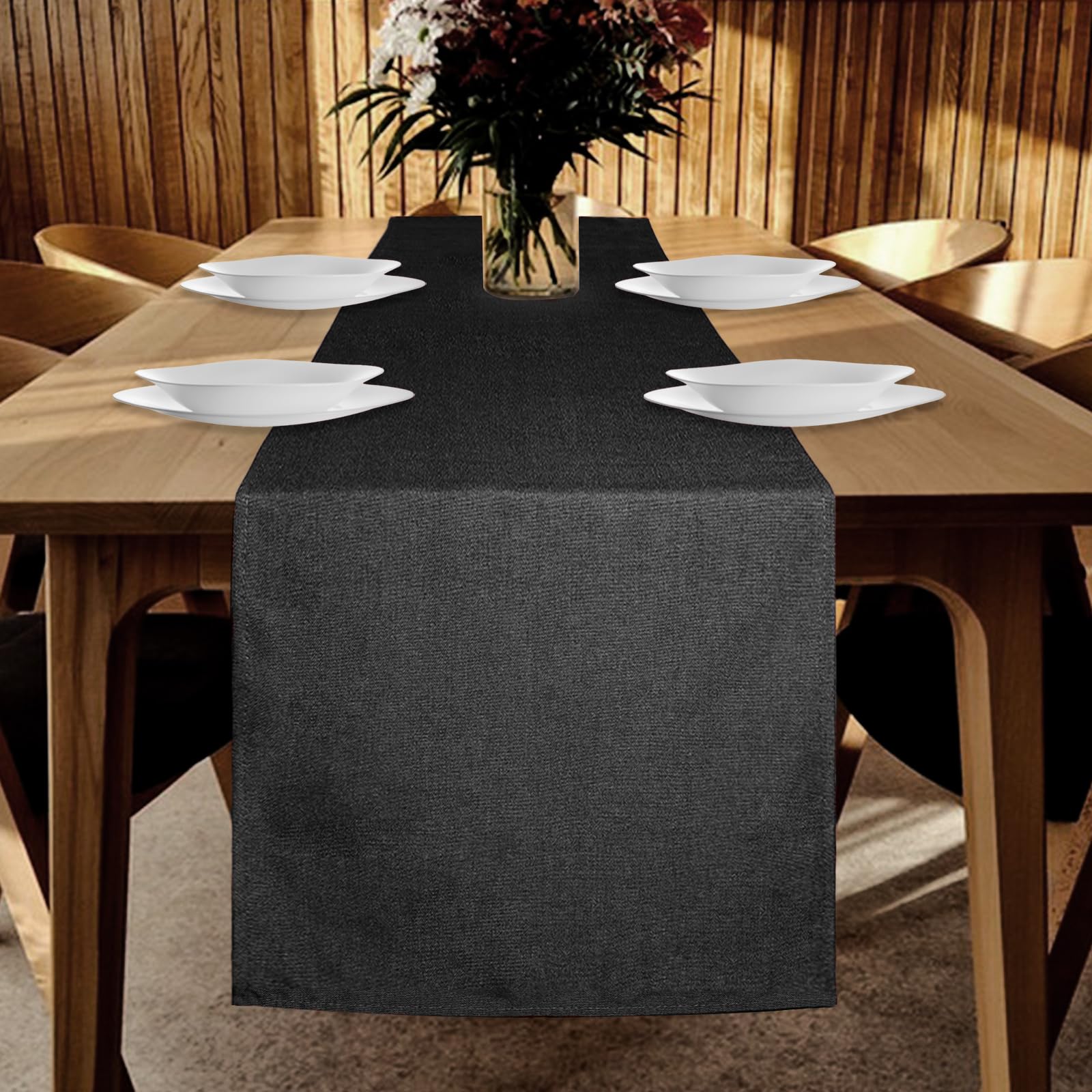 YUNSHANGHE Table Runner Waterproof 40 x 140 cm Spring Modern Linen Look Washable Polyester Table Runner Perfect For Dining Room Party Holiday Decoration Black