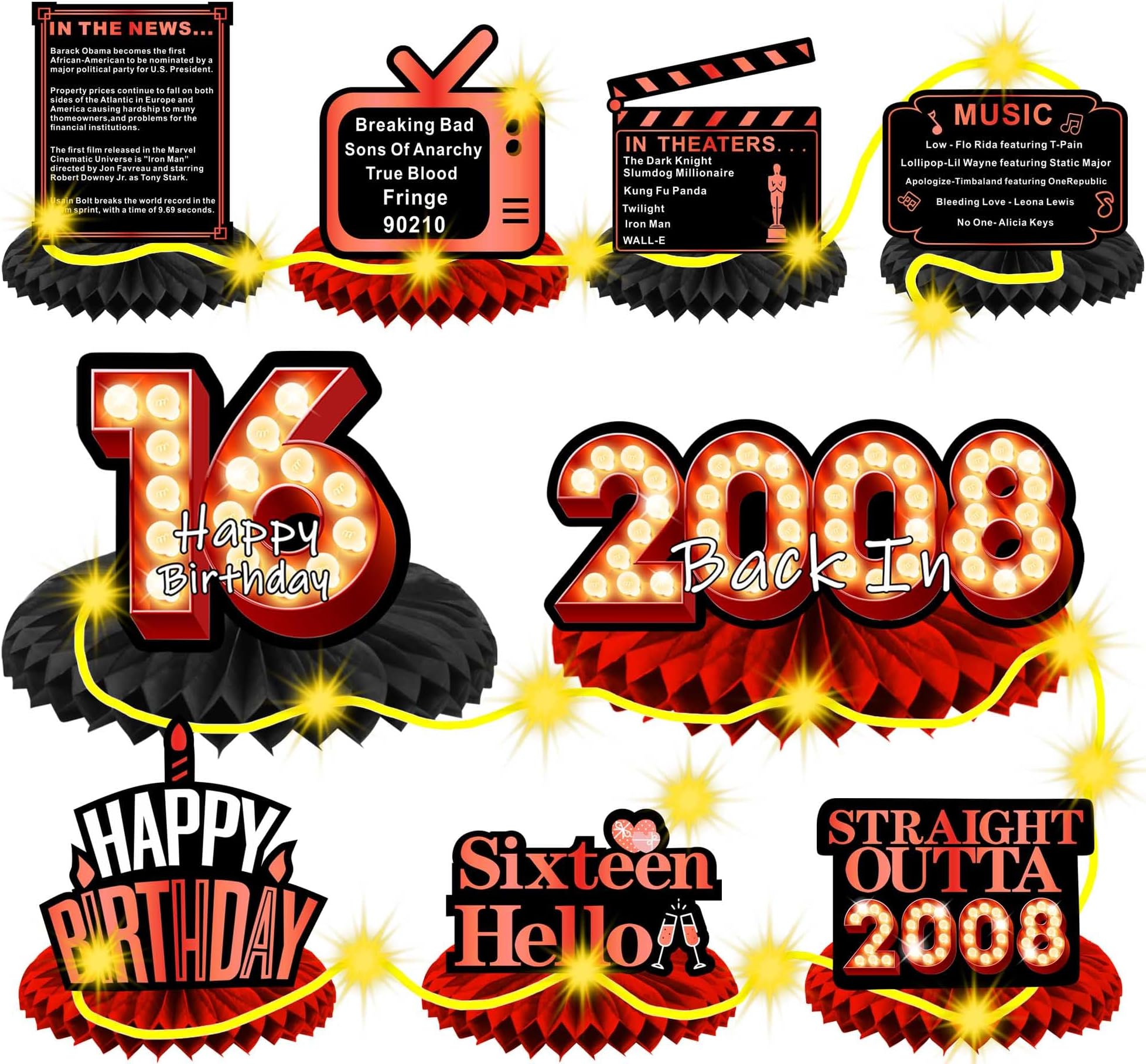 Happy 100th Birthday Honeycomb Centerpieces - Red & Black Table Decorations For 100 Years Old Party Supplies