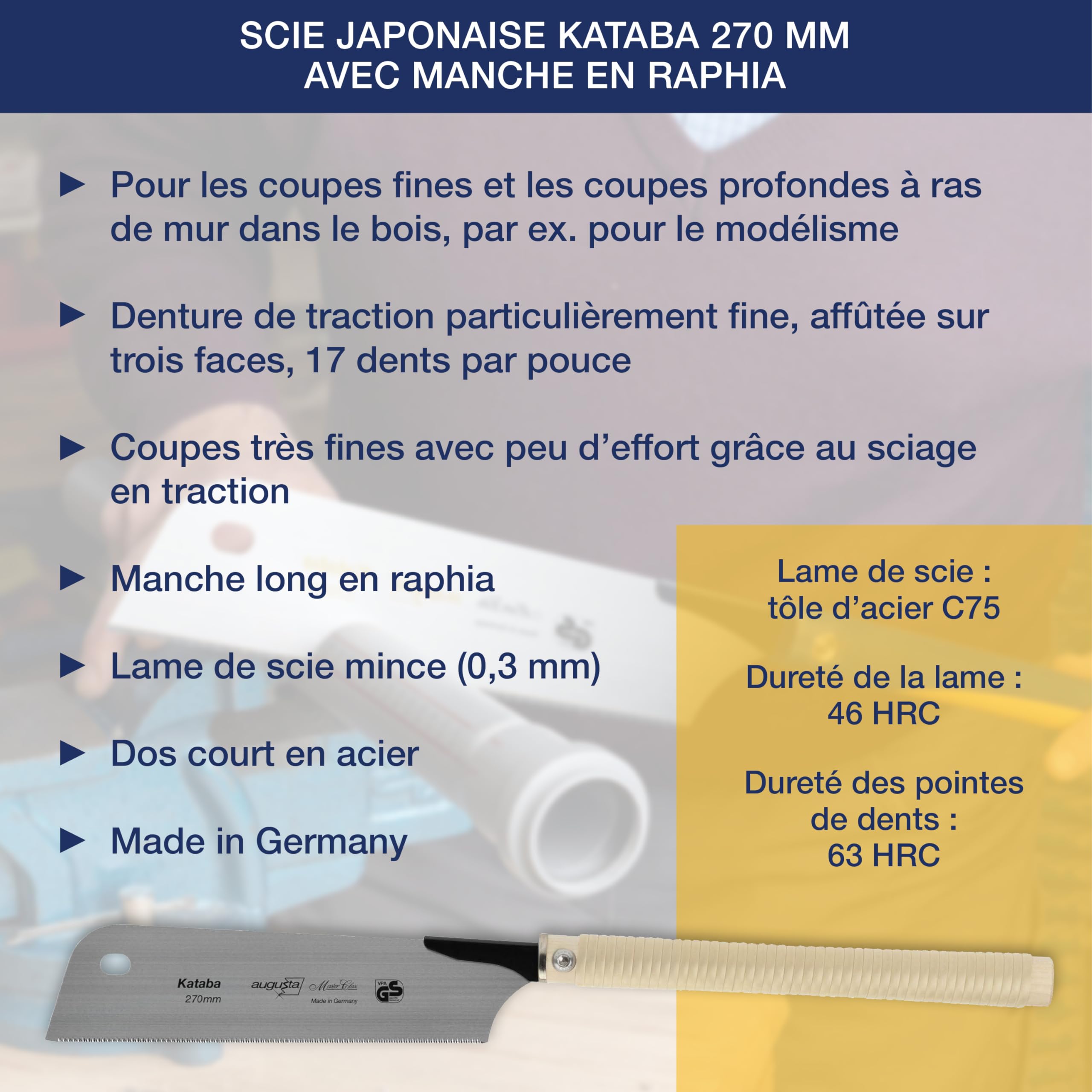 Augusta-Heckenrose scie japonaise Kataba 270 mm I Scie traditionnelle en acier C75 pour coupes fines I Scie à bois avec dos en acier raccourci & poignée en raphia