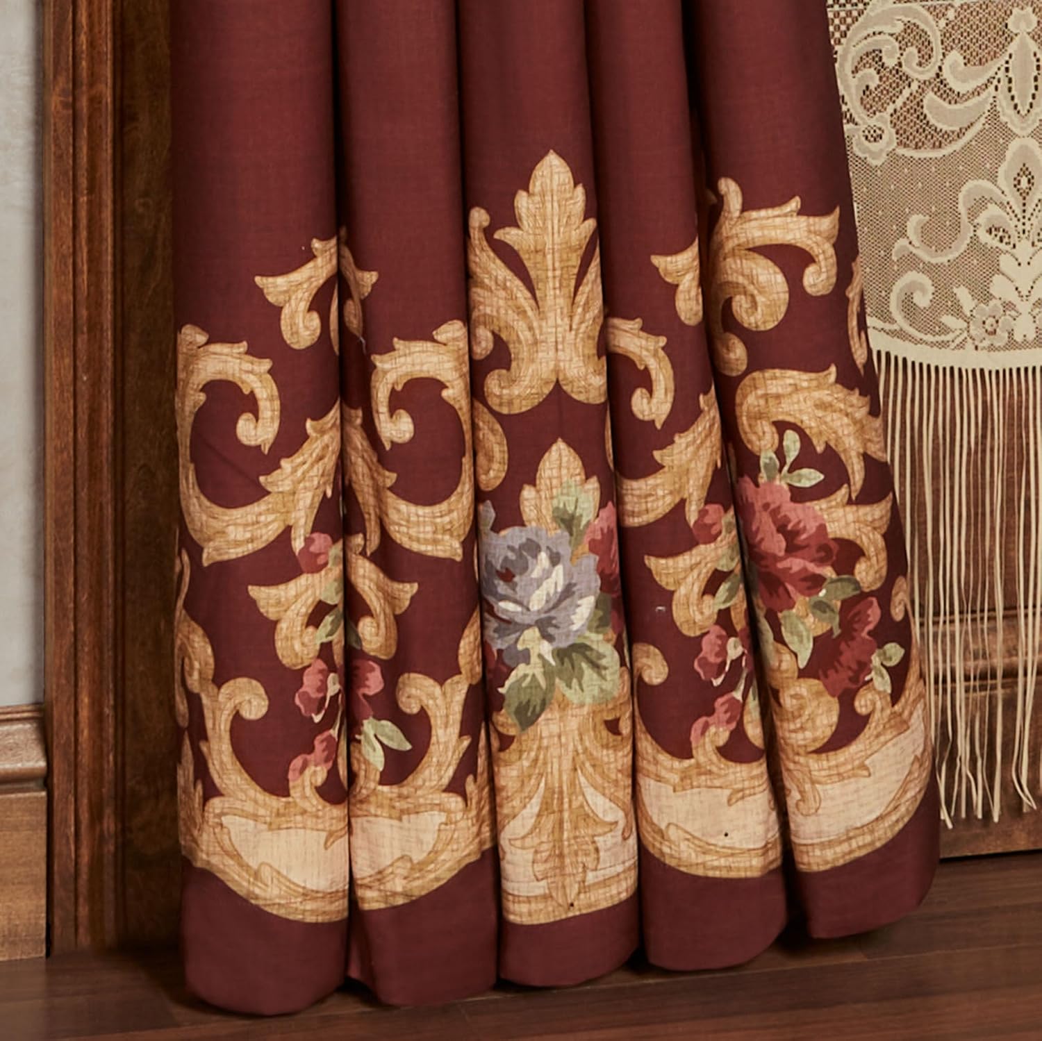 Savonnerie 2 Piece Window Treatment Set | Classic Aubusson Scrollwork & Floral Bouquet Design | Cordovan Brushed Microfiber | Machine Washable | Includes 100W Curtain Pair & Swag Valance