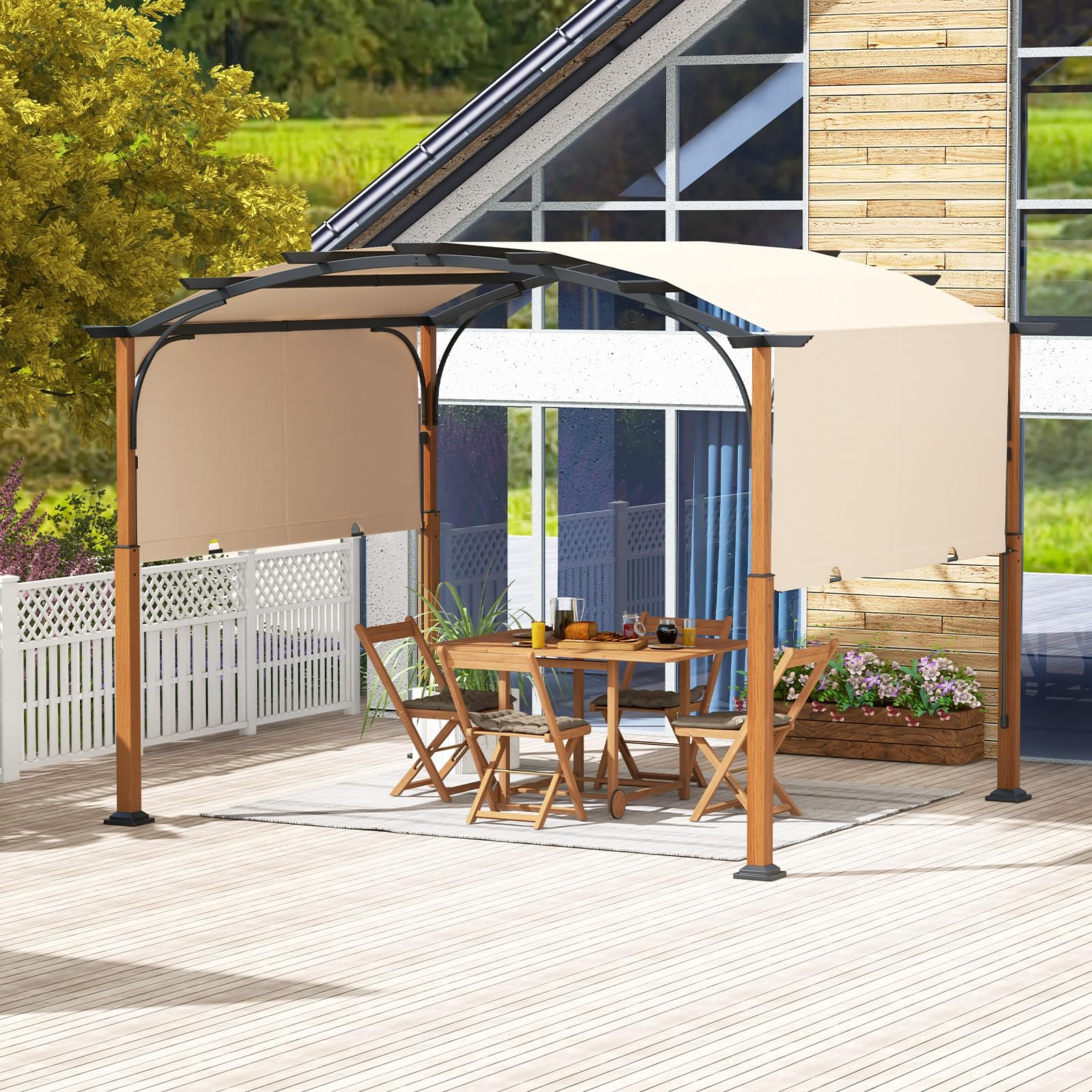 COSTWAY Gazebo Pergola da Giardino 3 x 3,6 m, Pergola da Esterno con Telaio Curvo e Tettuccio Retrattile, con Struttura in Metallo, per Giardino, Patio e Portico (Beige)