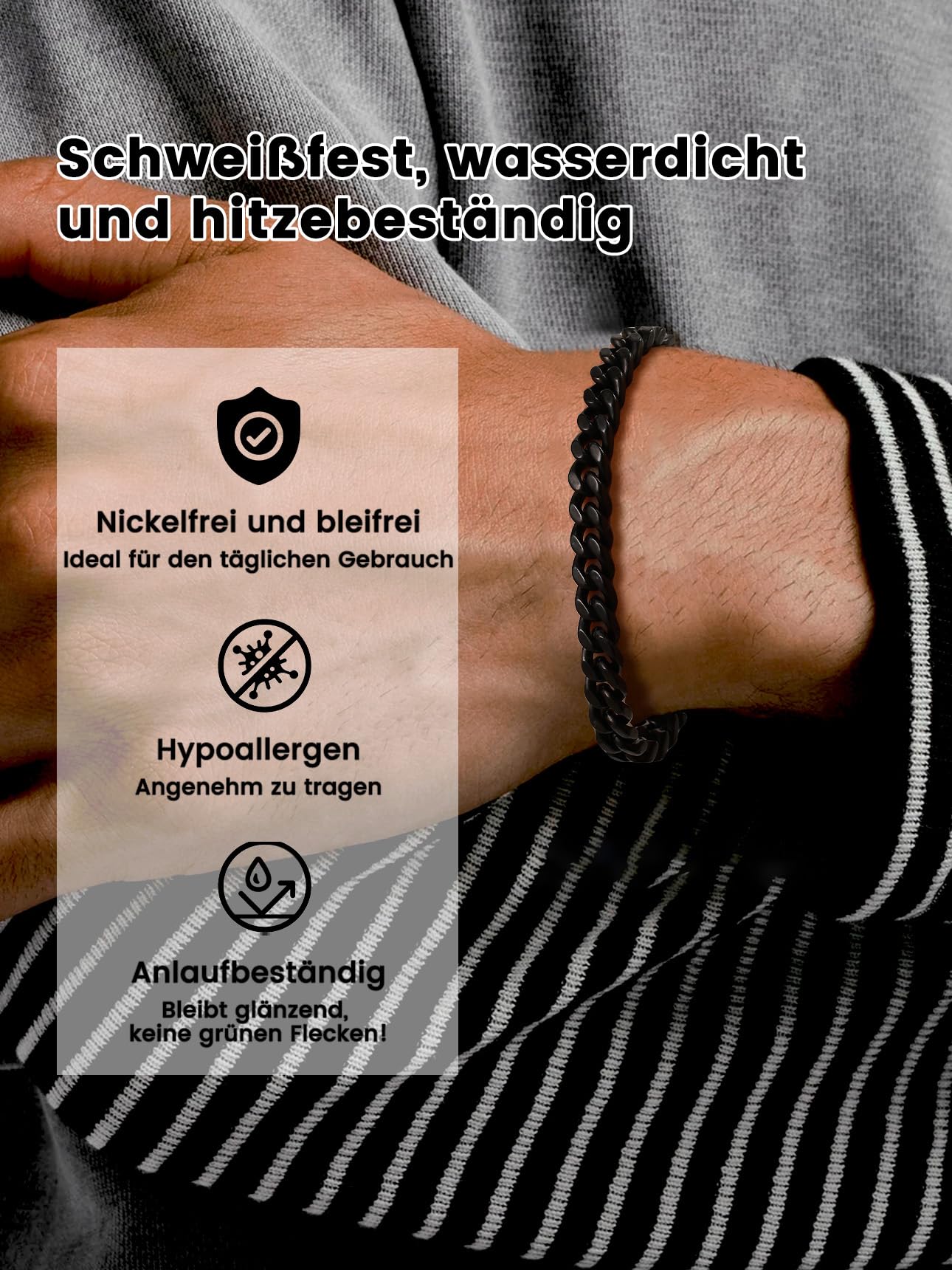 Bestyle Herren Armband 7mm breit Edelstahl Panzerkette Armkette schwer Glieder Link Kettenarmband Armreif Länge 23cm Schwarz