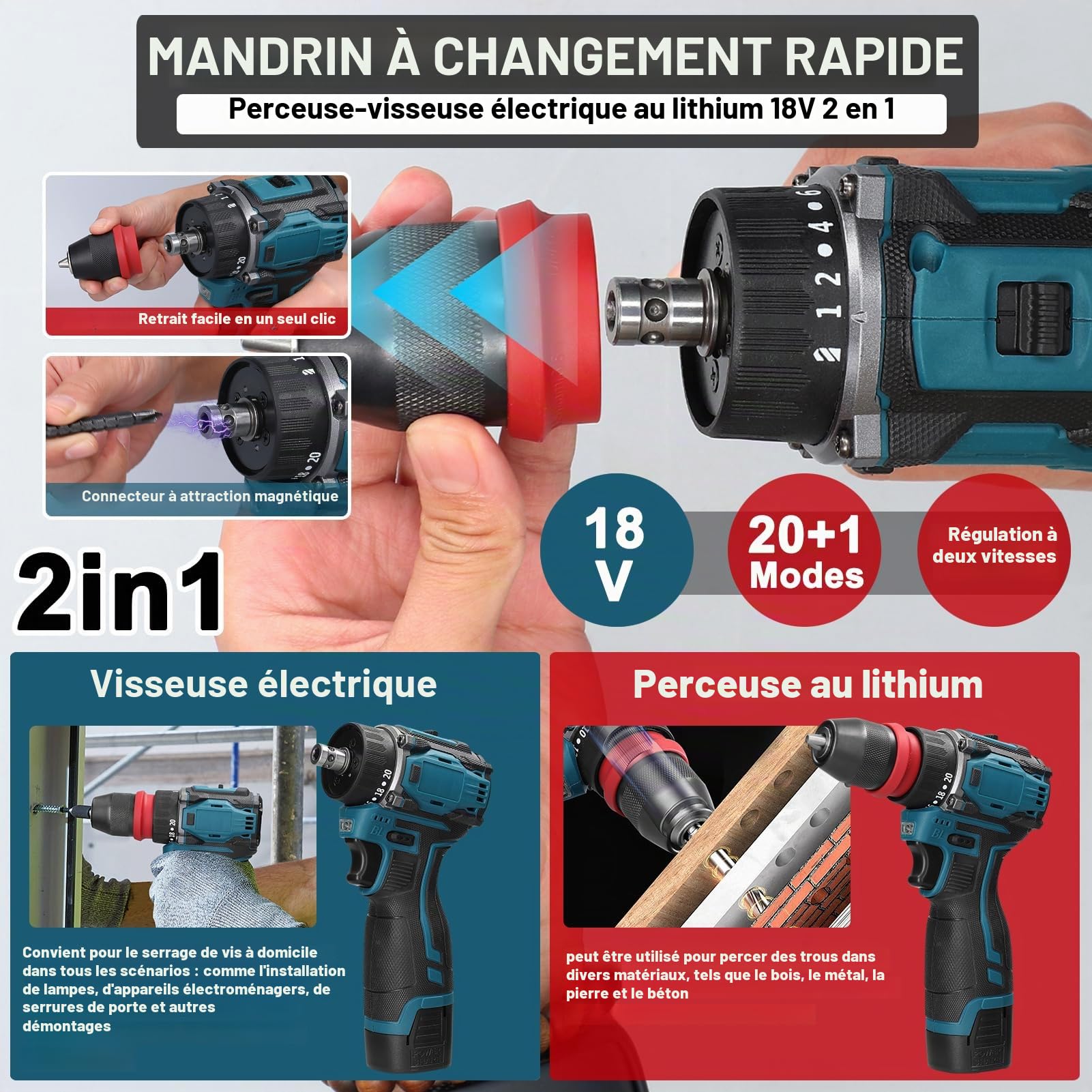 Weytoll Perceuse-visseuse sans fil 18 V, deux batteries 1300 mAh, couple max 45 Nm, 23 + 1 niveaux de couple, 2 vitesses, lampe de travail LED pour réparation et bricolage