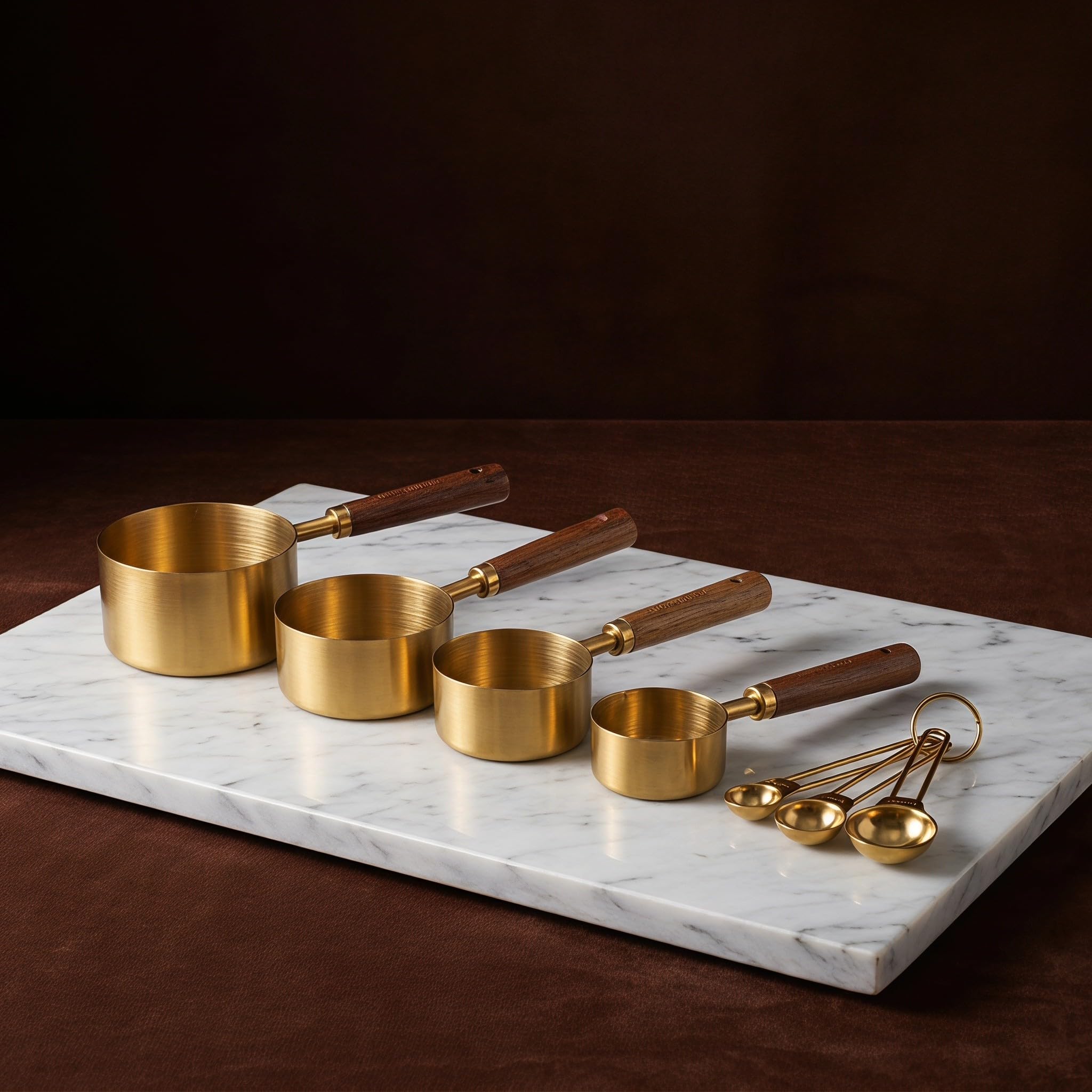 Juego de 8 tazas y cucharas medidoras doradas para cocinar y hornear.