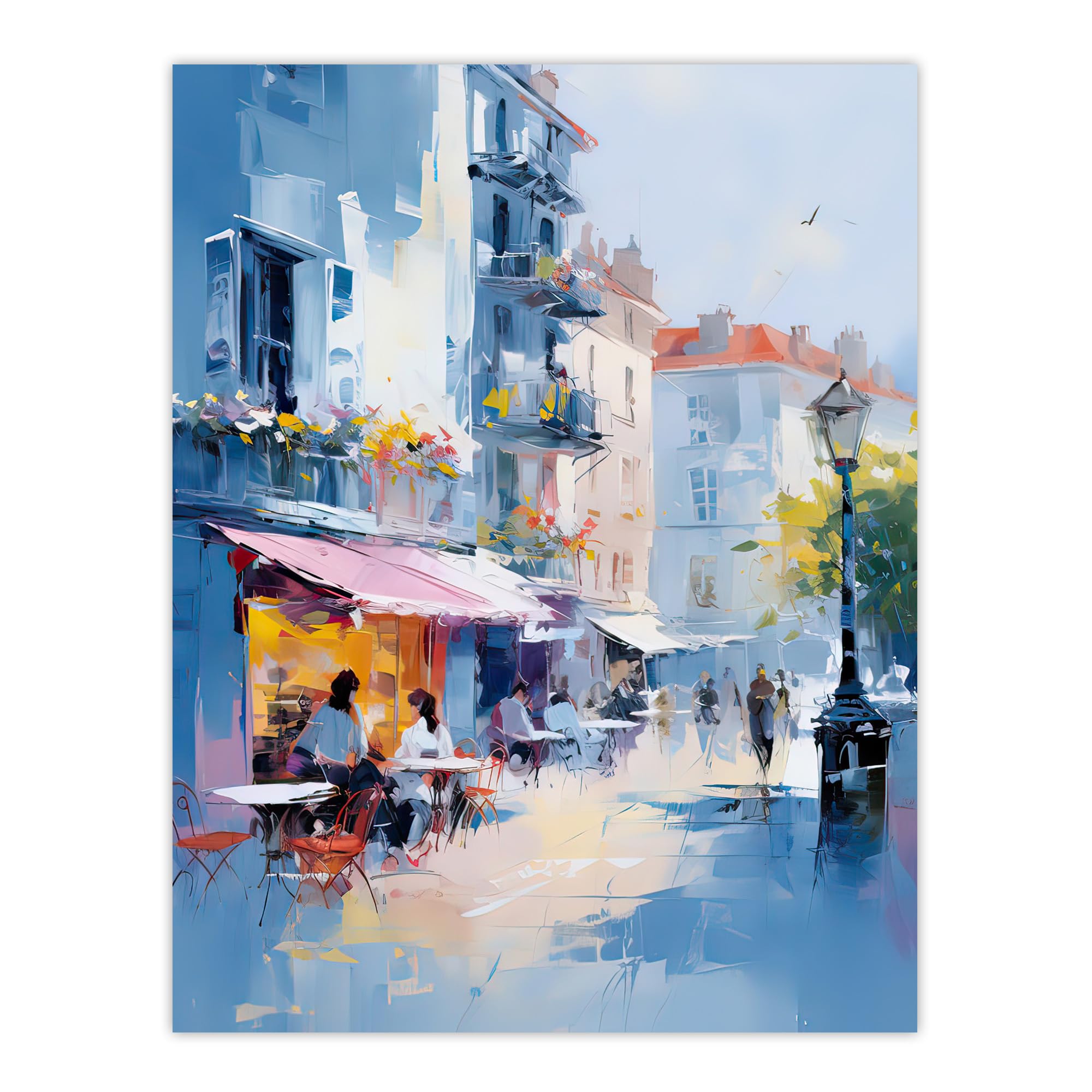 Artery8 Paris Cafe Street Abstract Oil Painting Poster W12" x H16" Blue