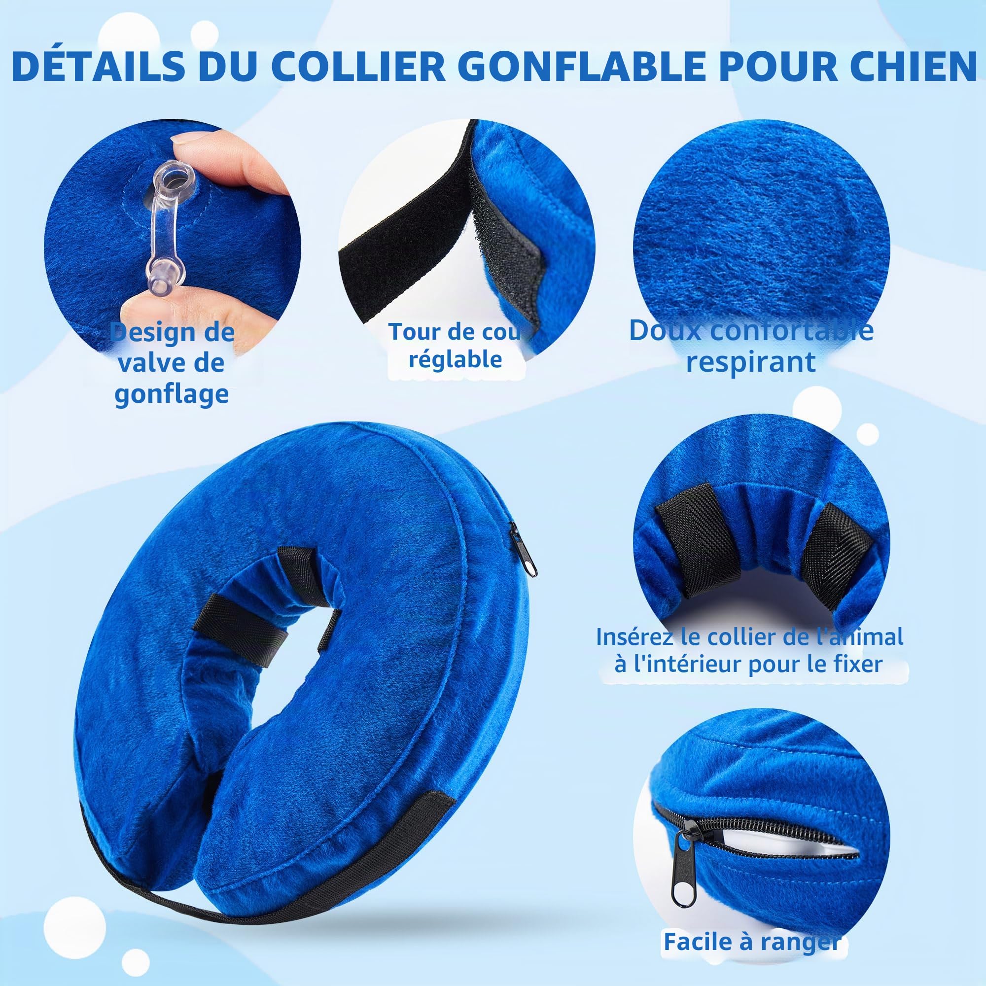 Collerette Gonflable pour Chien, Ajustable Collier de Récupération Chat Cône de Cicatrisation pour Chien Collier de Protection pour Anti Lechage & Morsure Après Une Chirurgie (Bleu, XL)