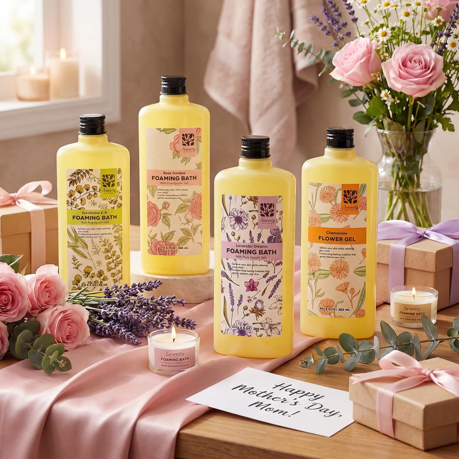 Serenity Sanctuary Bubble Bath for Women, Scented Gift Set for Adults, 51.2 fl oz (Pack of 4), with Shower Gel, Ladies Foaming Bath Variety, Mother's Day Gift for Mom, Christmas Gifts for Wife: Various Fragrant Types