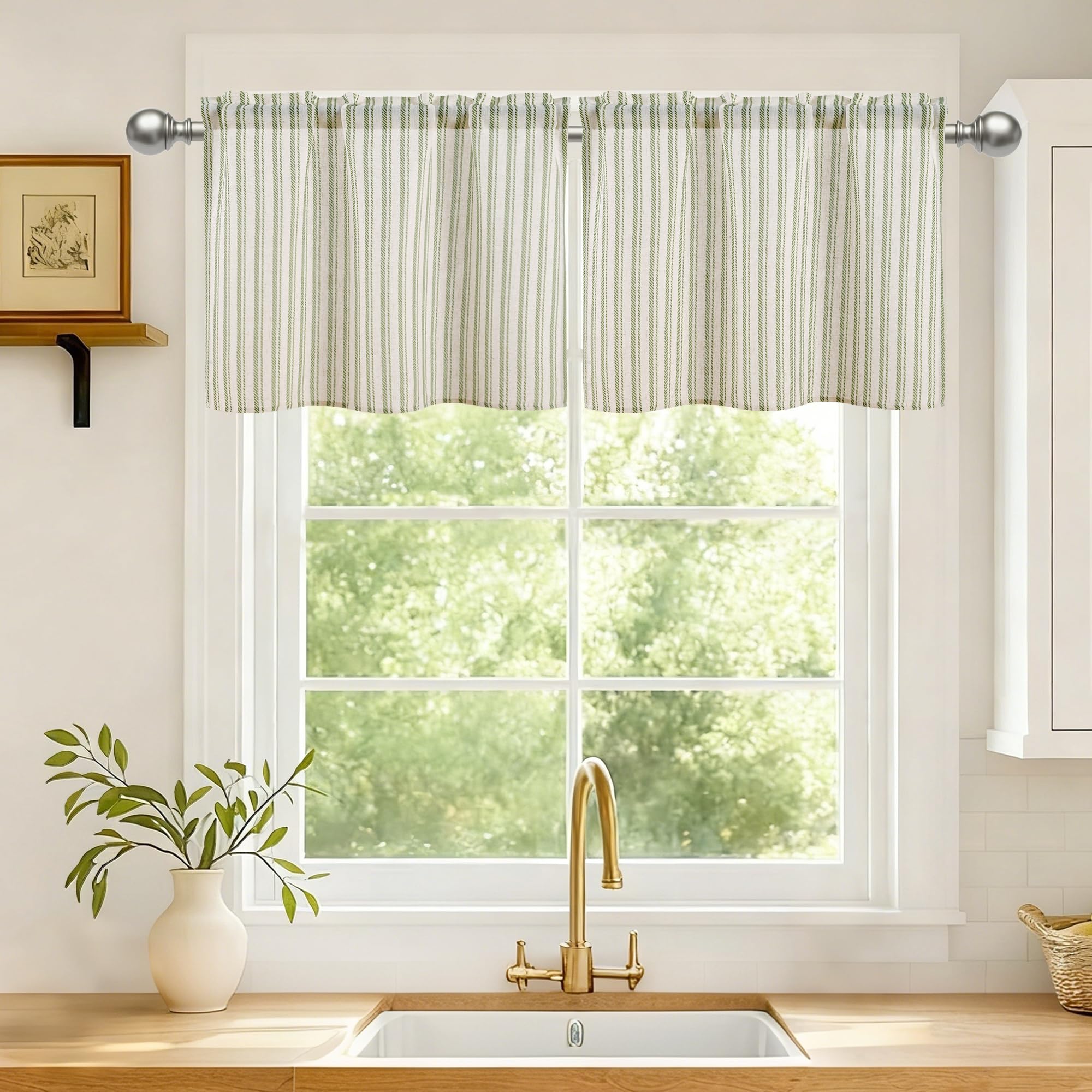 DWCN Linen Short Kitchen Curtains 18 Inch Drop,Light Filtering Cafe Curtain Valance for Sink, Rod Pocket Small Window Curtains for Half Window, Basement, Bathroom, W26 x L18, 2 Panels, Green Stripes — image 1