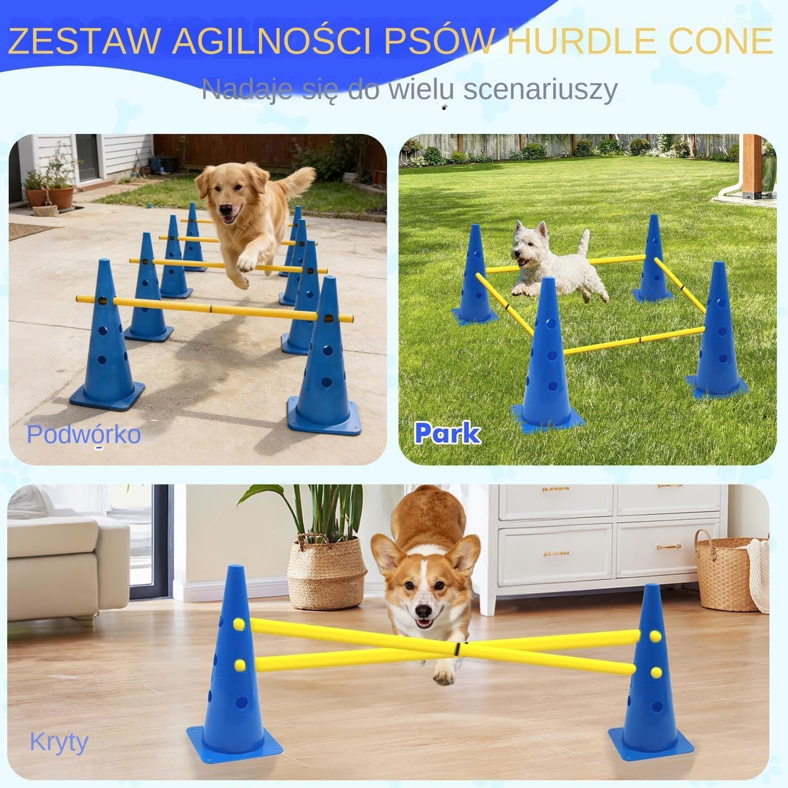 Torem Przeszkód dla Psów do Ogrodu Przenośne akcesoria dla pupili | Stożki treningowe do toru przeszkód dla Szczeniaka i na Zawody Zabawę Ćwiczenia w Domu na Zewnątrz w Parku