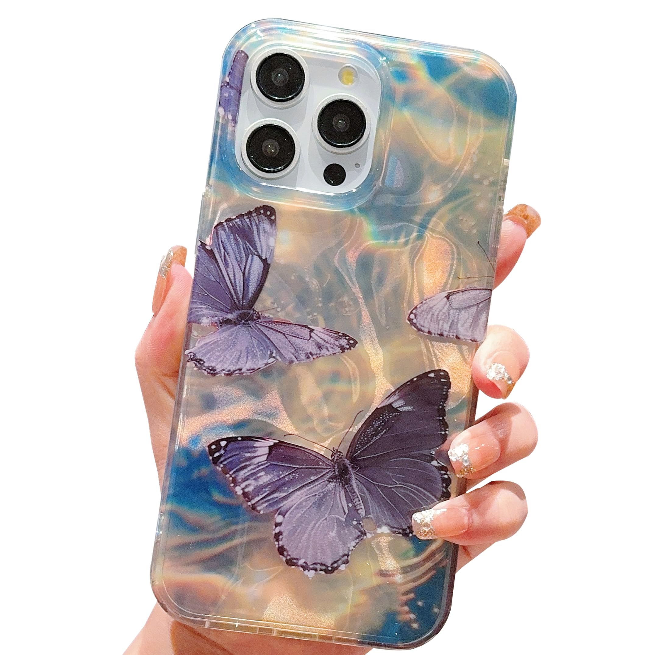 HZYKDWD Compatible for iPhone 14 Pro Max Case 6.7 Inch,Cute Butterfly Quicksand Bling Sparkle Hard Back Art Pattern Design for Soft TPU Shockproof Phone Case for Women Girls-Black Purple