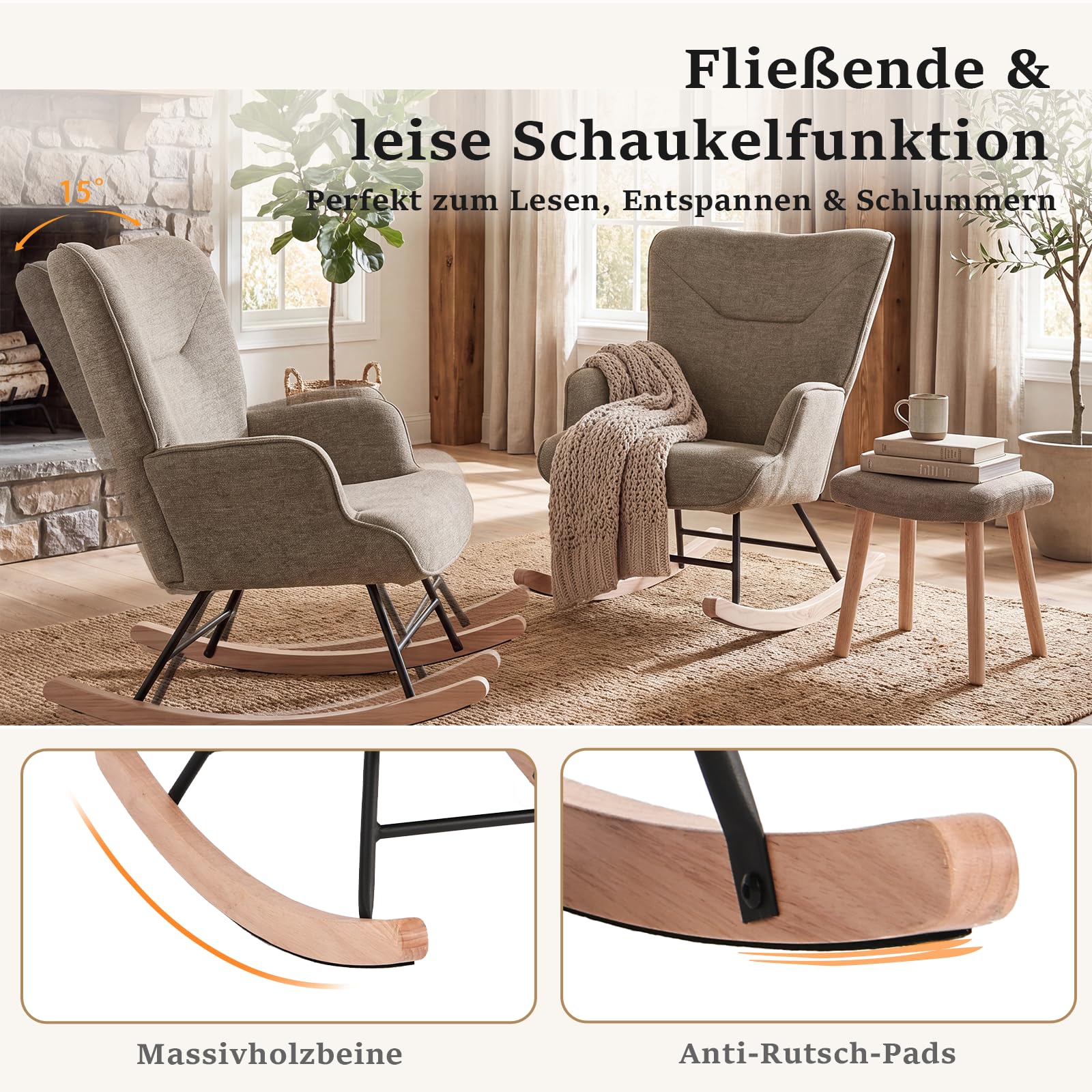 Ohrensessel Leiser Schaukelstuhl mit Armlehnen, Webstoff Sessel, Bequemer Relaxsessel mit Hoher Rückenlehne, Moderner Lesesessel für Wohnzimmer Schlafzimmer Kleine Räume, Sand