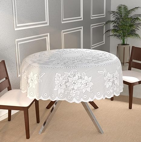 BIGGER FISH 60 Inch Round Table Cover Poly Cotton Floral Elegant Design 6 Seater Tablecloth/White Medium Center Table Cover