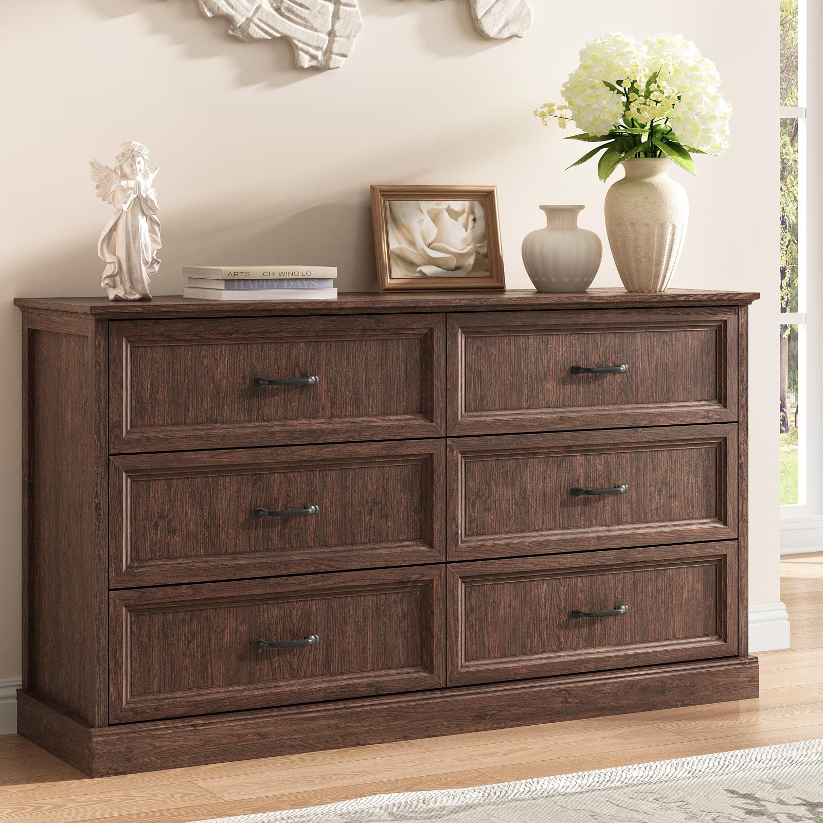 Amazon.com: Farmhouse 6 Drawer Dresser for Bedroom, 55 Inch Wide Modern Brown  Dresser TV Stand with Large Drawers & Bar Handles, Rustic Wood Chest of  Drawers for Bedroom, Living Room, Hallway, Entryway. :