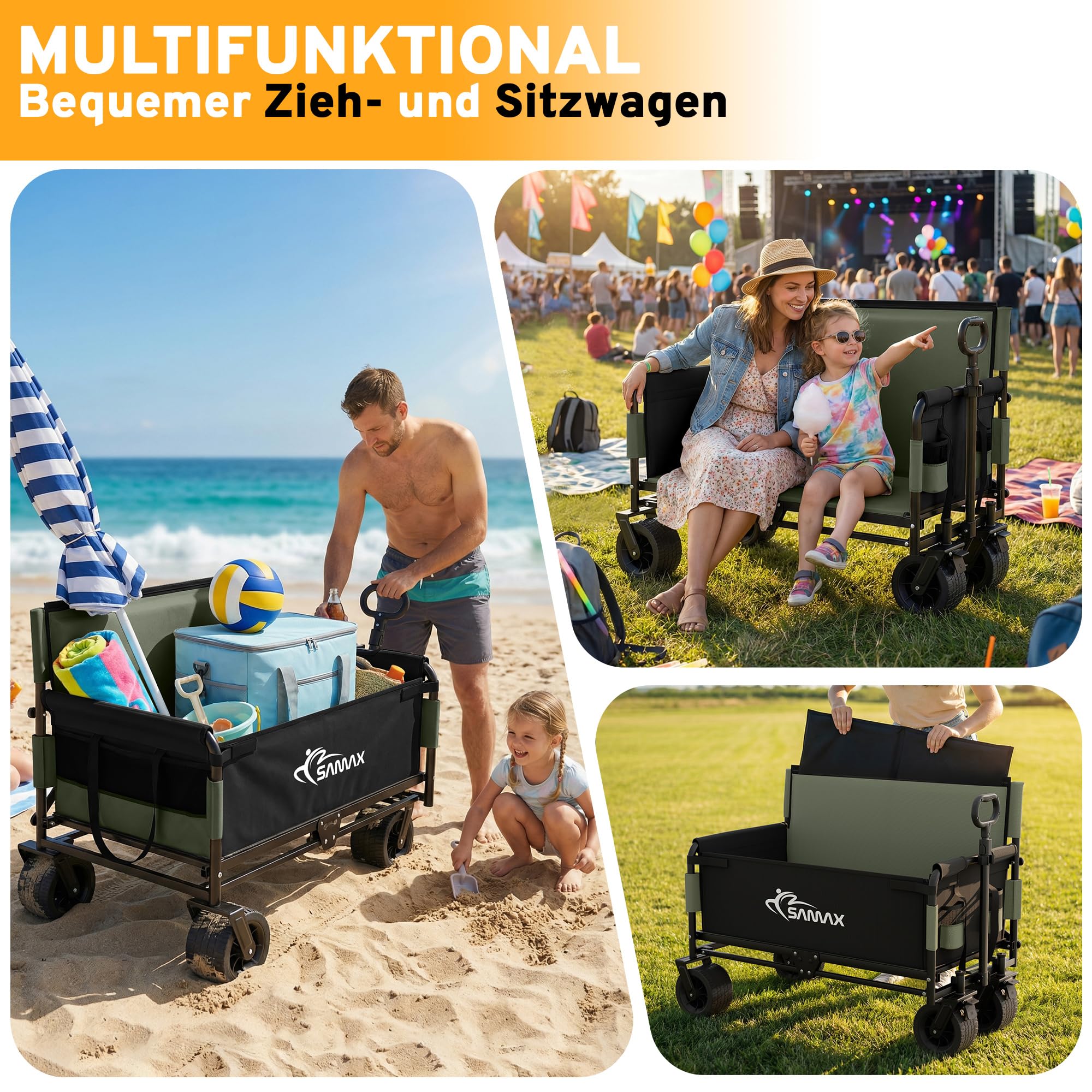 SAMAX Wózek ręczny do 200kg - 2w1 z ławką - Wózek ogrodowy Wózek plażowy Składany składany wózek transportowy Wózek transportowy - Festival Edition Zielony Matcha