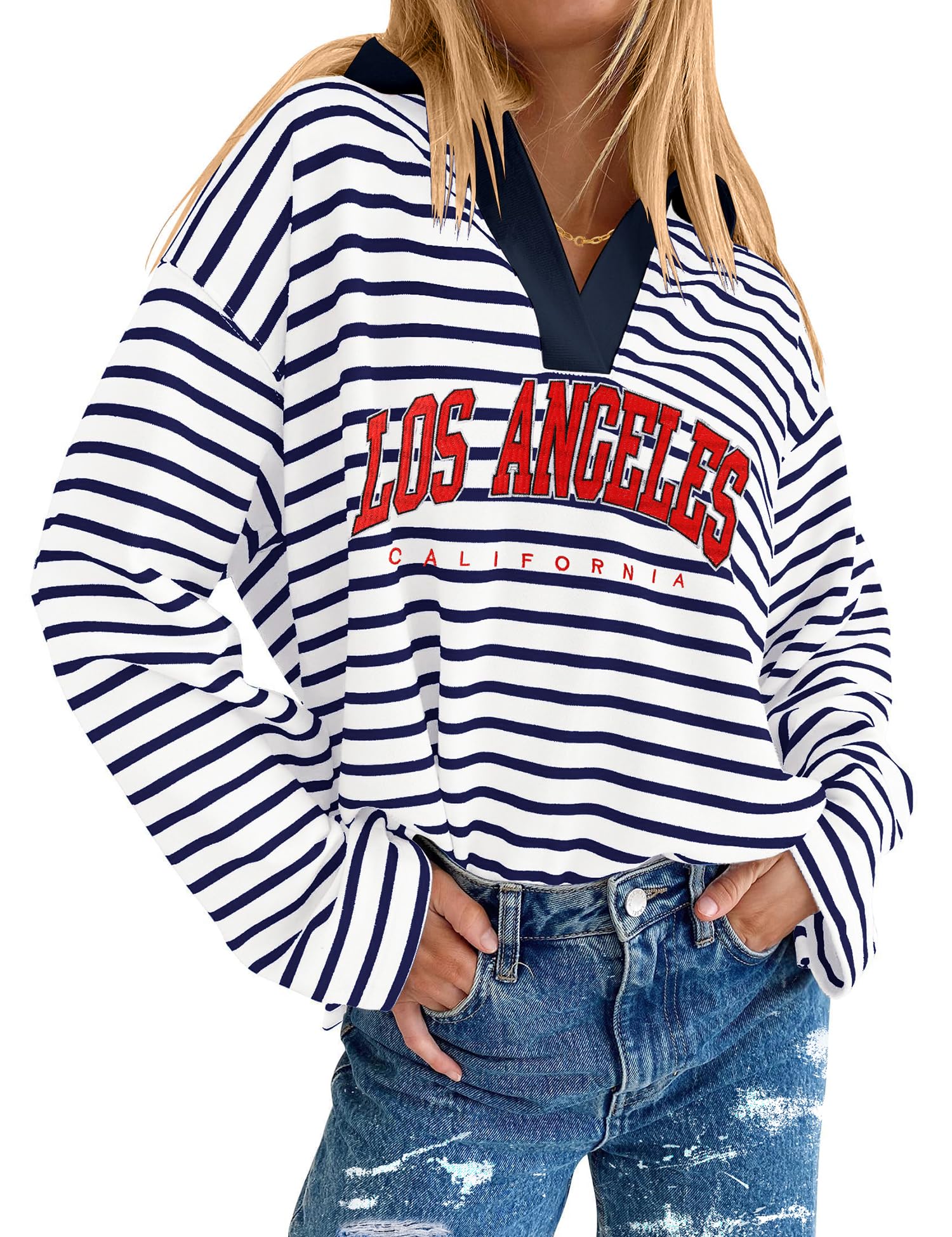 AKEWEI Collared Striped Shirt for Womens V Neck Long Sleeve Tops Oversized Casual Shirts for Women