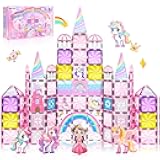 Diamond Magnetic Tiles Unicorns Princess Castle with Magnetic Art Decor Kit, Unicorn Toys for Girl 3 4-6-8, Magnet Tiles for kids 4-8 5 6 7+ Girl Gifts,Magnet Toys Include 5 Dolls,Rainbow,Candy,Decors
