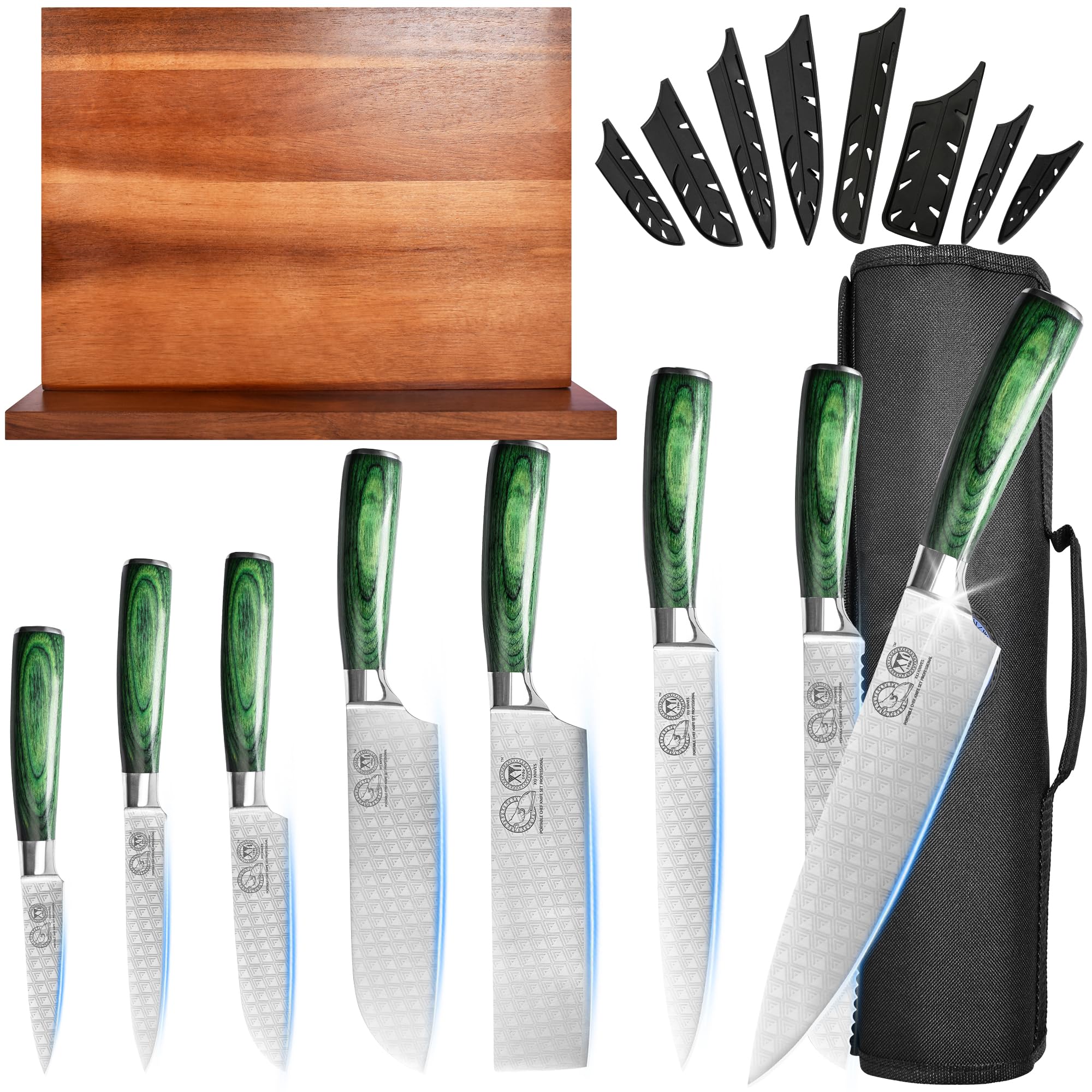 XYJ Kitchen Knife Block Set Stainless Steel 8pcs Knives With Roll Bag Magnetic Knife Stand Holder