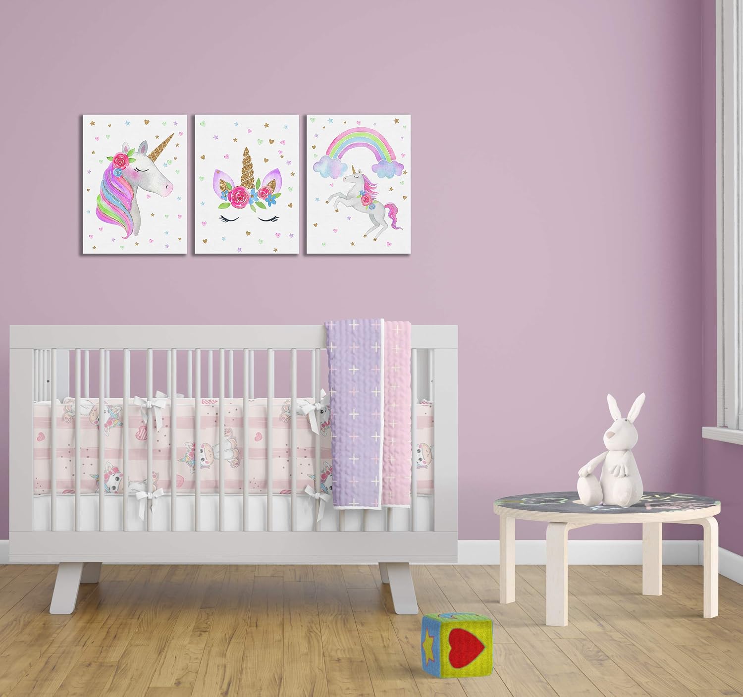 Something Unicorn - Stretched/Framed, Ready to Hang Canvas Wall Art. Super Cute Water Color Unicorn Prints for Nursery or Girl's Bedroom Decor. Set of 3. 12x16in - Gold Glitter Unicorn Original