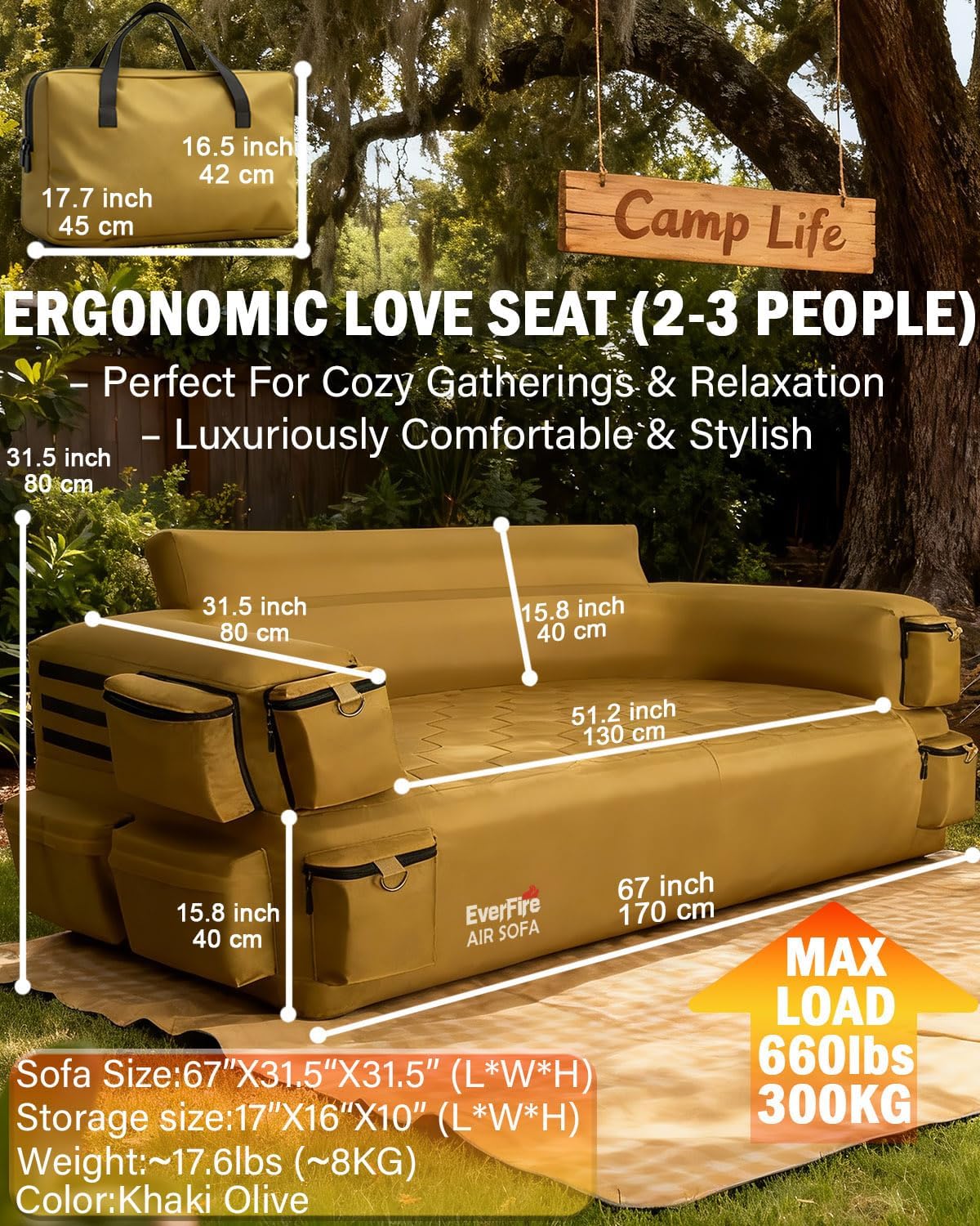 Portable Inflatable Couch with Built-in Pump – Durable Blow Up Sofa for Camping, Backyard, Beach, Party, Glamping, & Indoor Use – Comfortable, Puncture-Resistant Outdoor Furniture Inflatable Loveseat | Waterproof, Machine washable, Quick inflation, With storage pocket, Portable, Tactical style