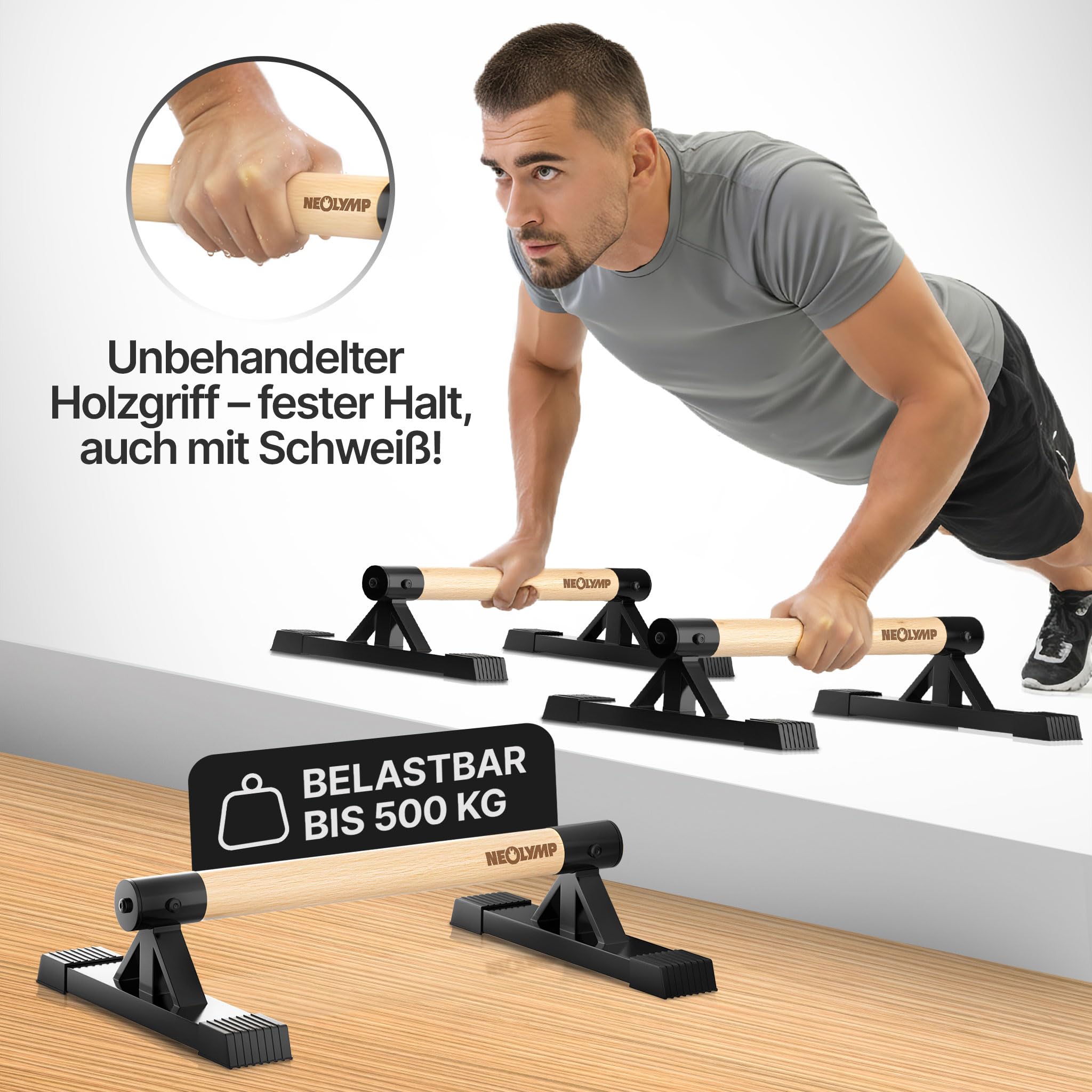 NEOLYMP 2er Set handgelenkschonende Holz Liegestützgriffe mit Calisthenics-Übungen - handgefertigten Parallettes, Push up Bar, Handstand Griffe, Dip Barren, Calisthenics-Equipment
