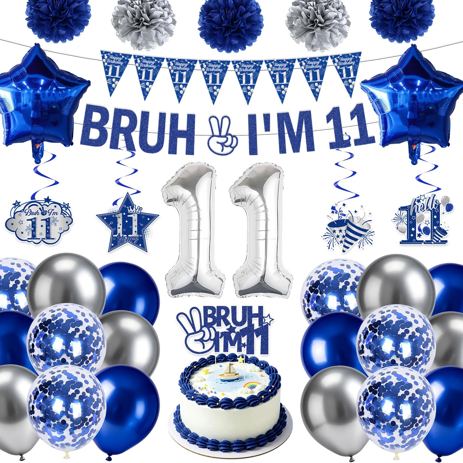 Eiapadeor 11th Birthday Decorations for Boys - 34 Pcs Blue Bruh I'M 11 Banners with Hanging Swirls Balloons Paper Pompoms Cake Toppers for Boys Happy 11 Years Old Birthday Party Decor Set