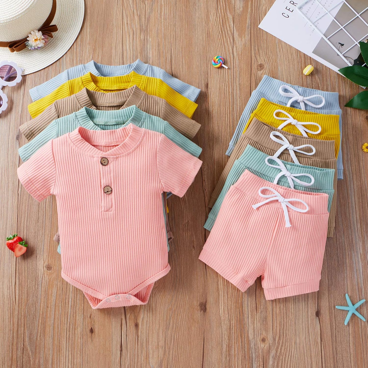 Ledy Champswiin Summer Newborn Baby Boy Girl Clothes Set Ribbed Outfits Unisex Infant Solid Short Sleeve Tops Shorts 2PCS - Image 2