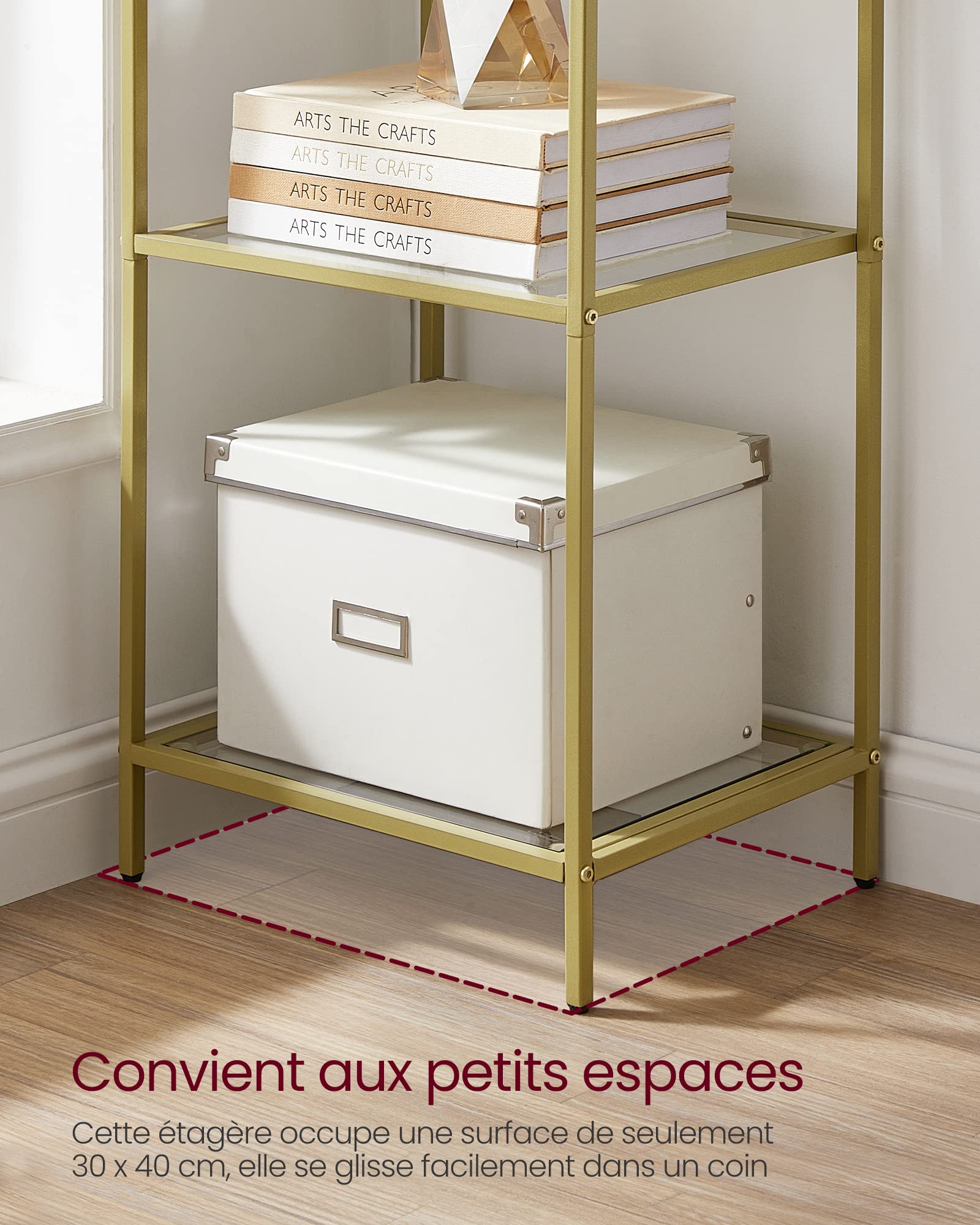 VASAGLE Étagère en Verre à 6 Niveaux, Bibliothèque, Étagère de Rangement, Verre Trempé, Facile à Monter, pour Salle de Bain, Salon, Chambre, Bureau, Doré LGT500A01