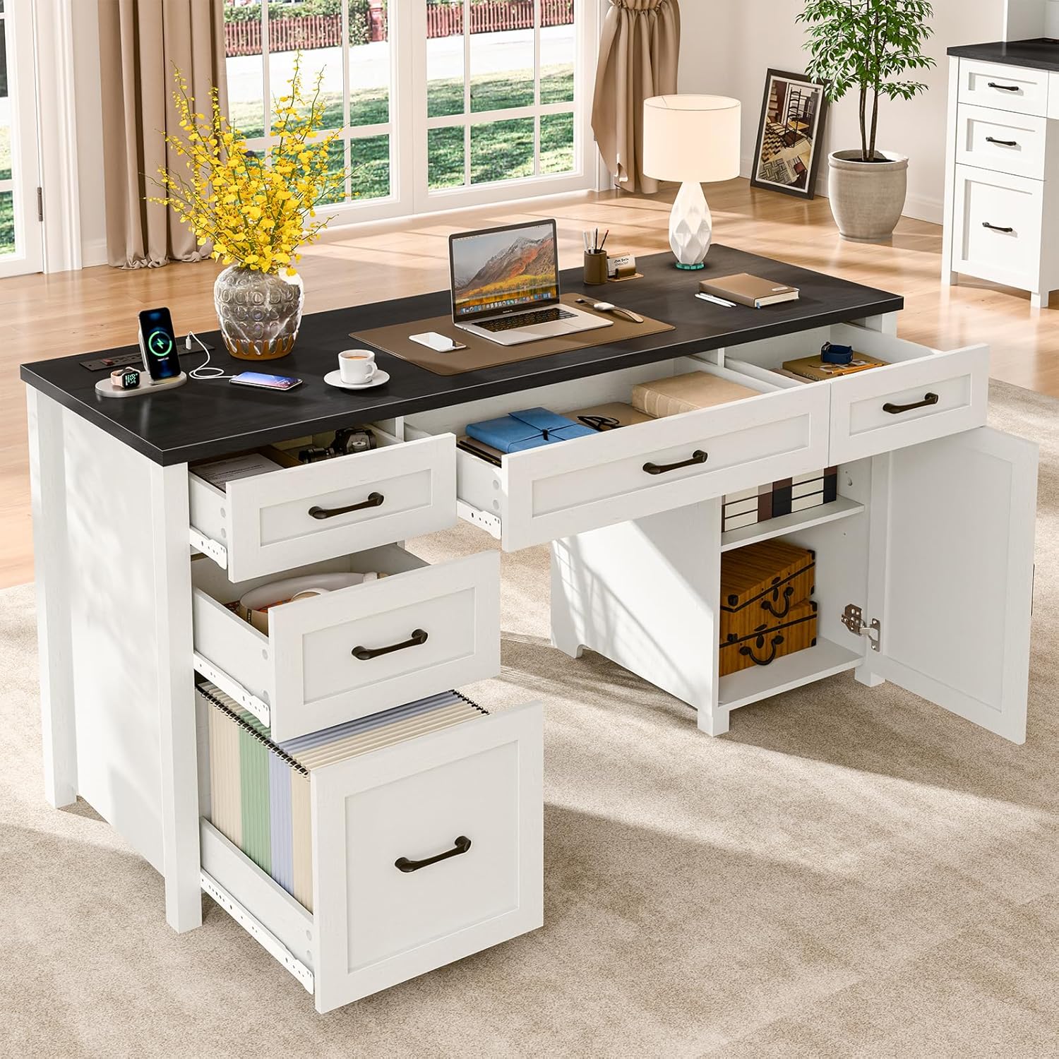 Farmhouse 61" Executive Desk with 5 Drawers,Rustic Office Computer Desk with Charging Station,File Drawers and Storage Cabinet, Wood Workstation for Home Office and Study, Black.
