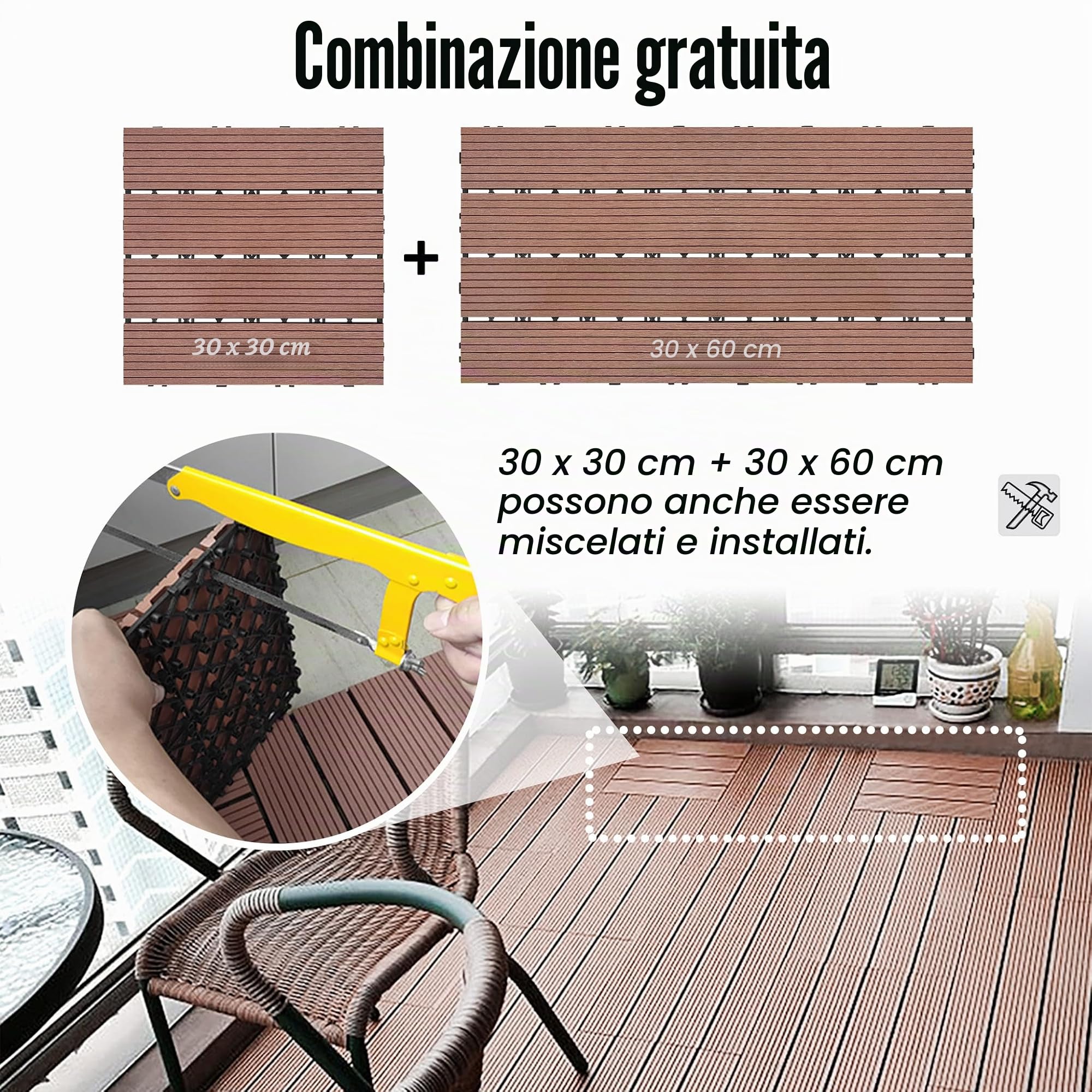 Froadp WPC Pavimenti di Legno per Esterno, 60x30cm Tavole di Terrazza, Pavimentazione Impermeabile con Sistema di Drenaggio e Click, Piastrelle Antiscivolo per Balconi Giardino (3㎡, Marrone)
