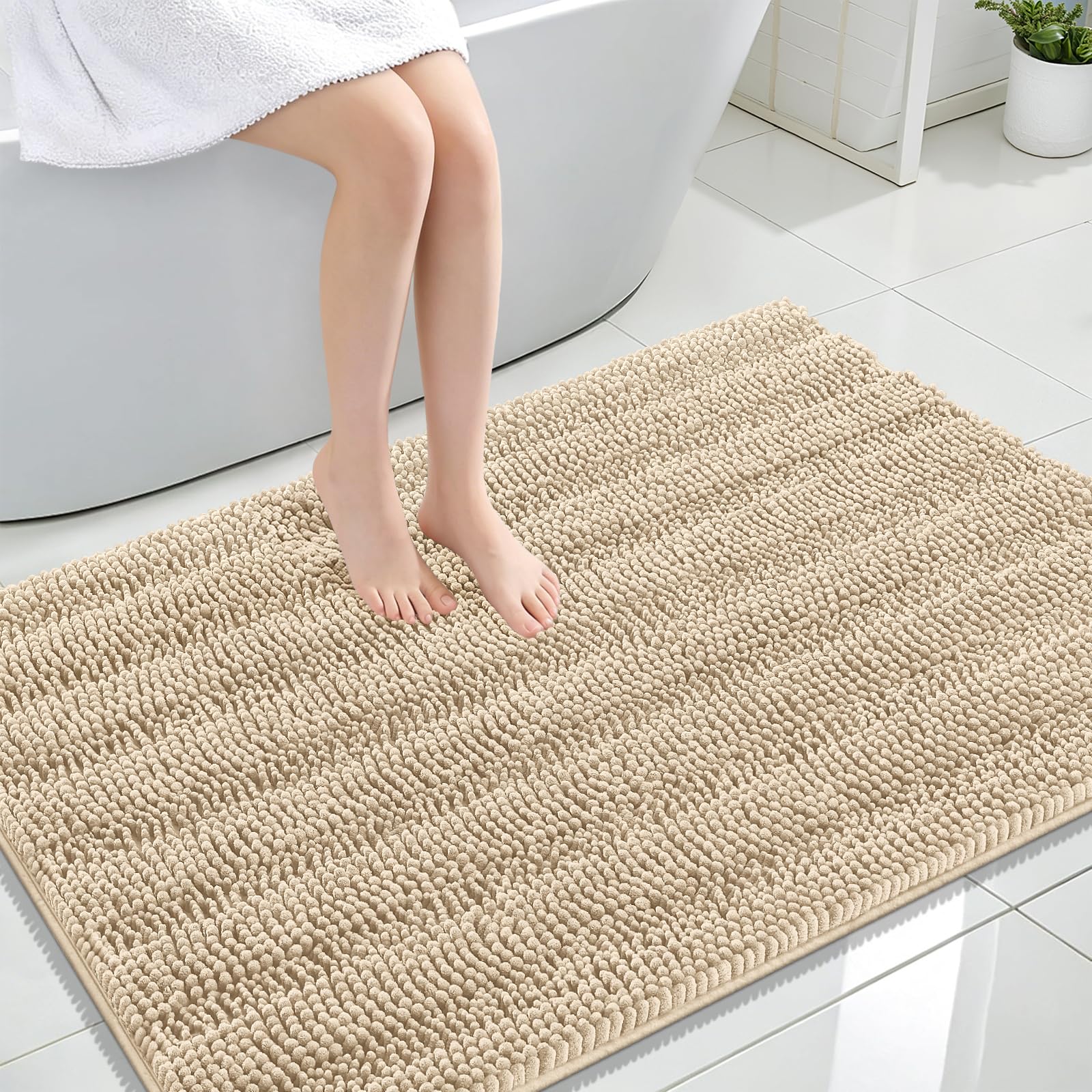 OLANLY Thick Large Bathroom Rugs 44x32, Soft Chenille Bath Rugs, Beige