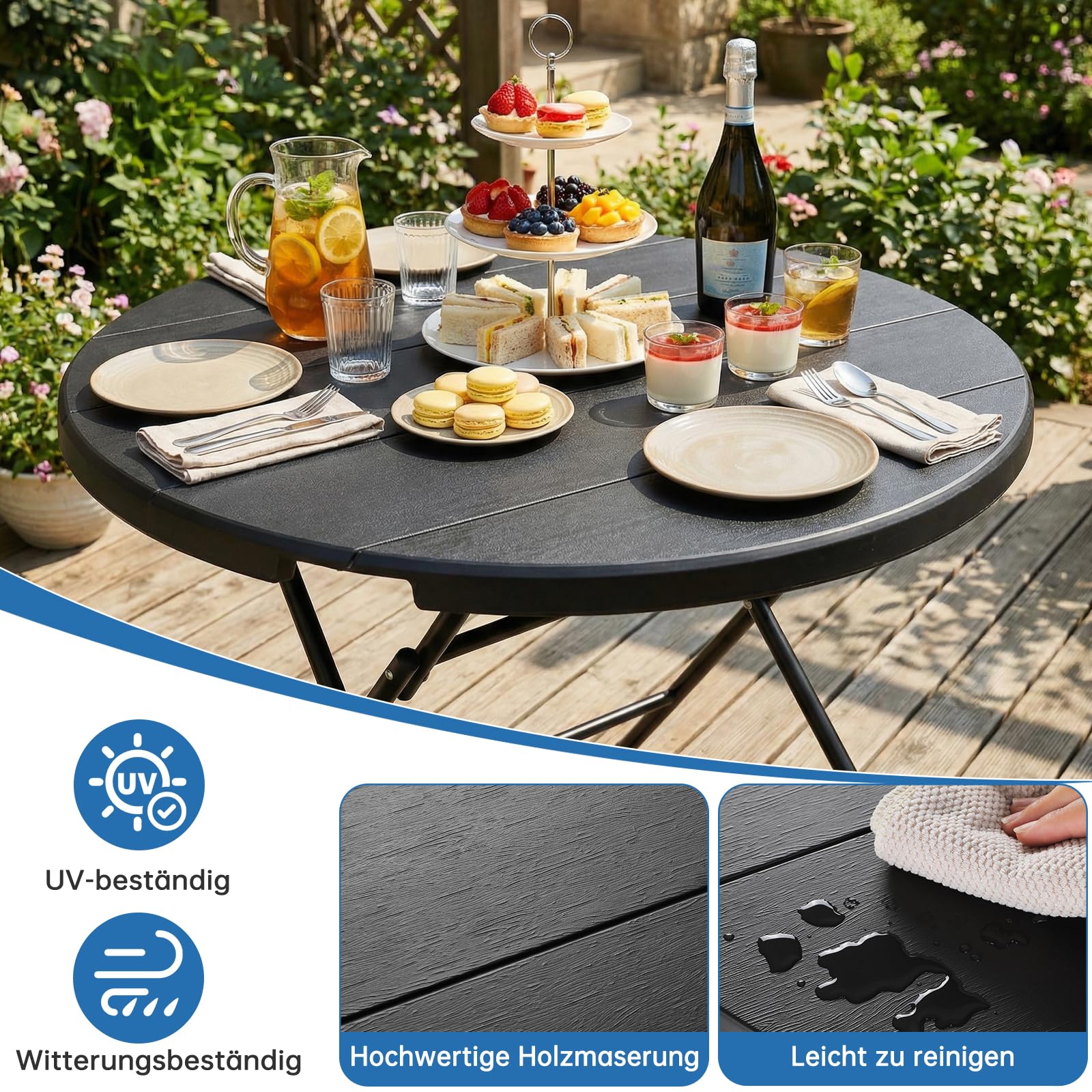 LIFERUN Gartentisch Rund Holz-Optik, Klapptisch, Klein Esstisch HxD: 74x80 cm, Balkontisch mit 4PCS Tischbeine, Campingtisch Wetterfest, Pflegeleicht, Hohe Stabilität, für Balkon, Garten & Terrasse